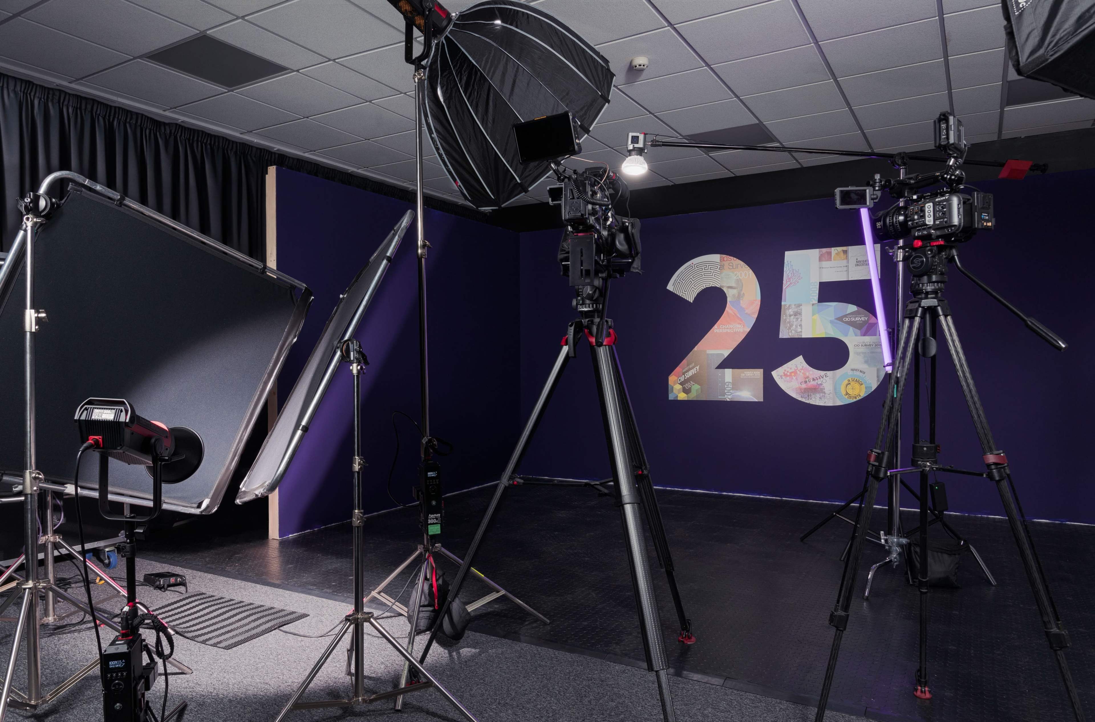 A photography studio setup featuring multiple cameras on tripods, lighting equipment, and a purple backdrop with the number 25 displayed.