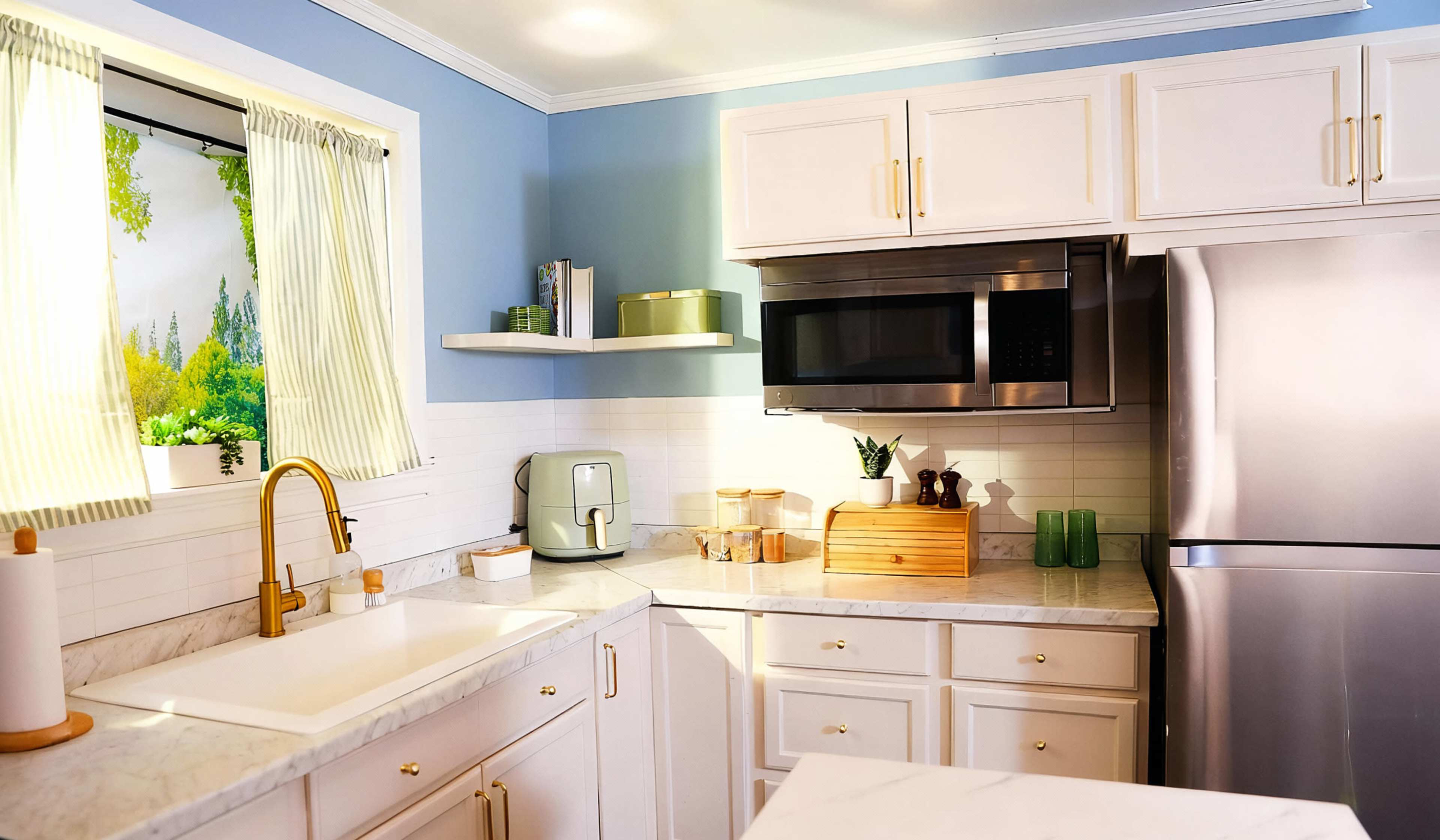 The image shows a bright kitchen featuring white cabinetry, a stainless steel microwave, a farmhouse sink, and light-colored countertops.