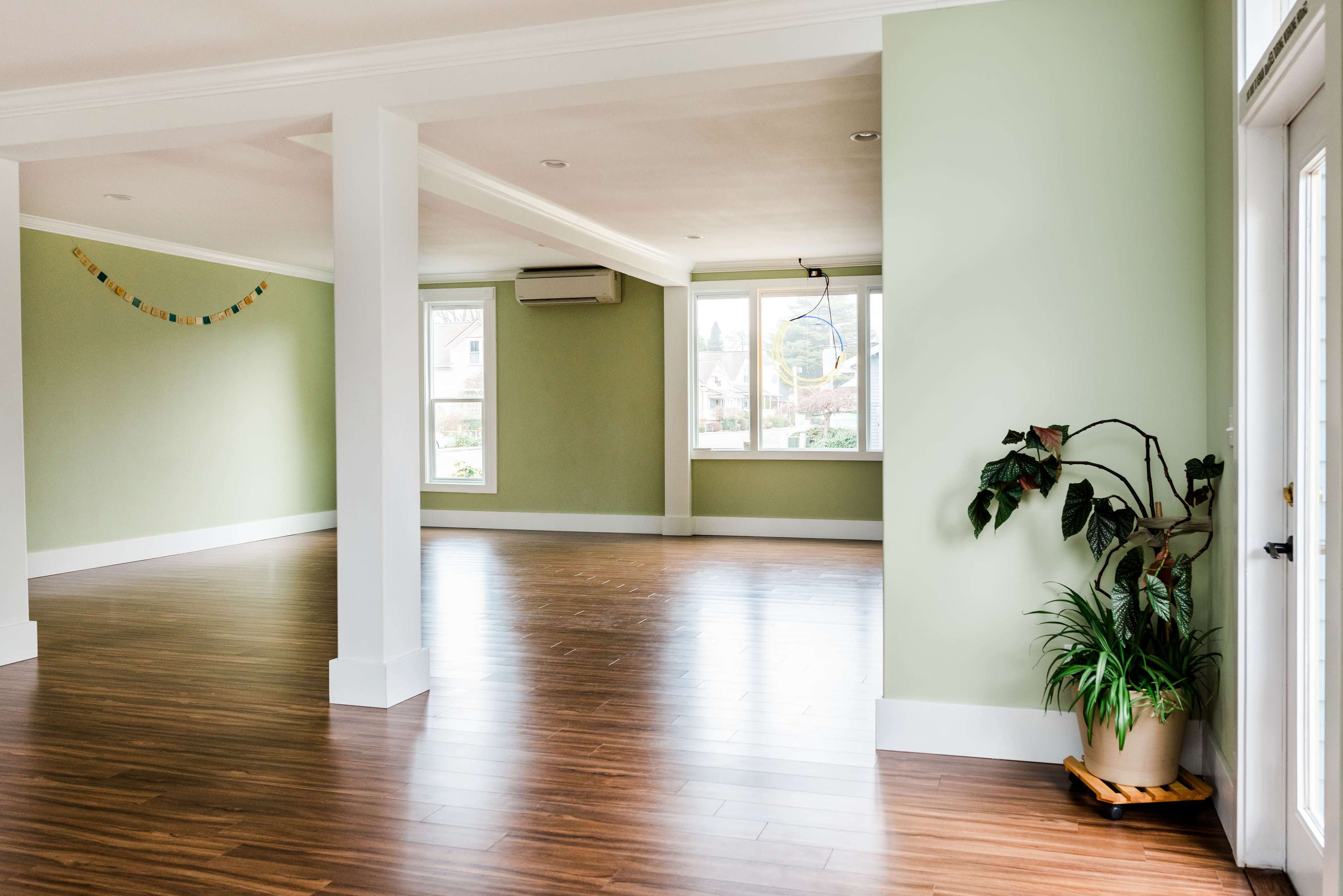 The image shows a spacious, empty room with green walls and wooden flooring, featuring large windows and a potted plant in the corner.
