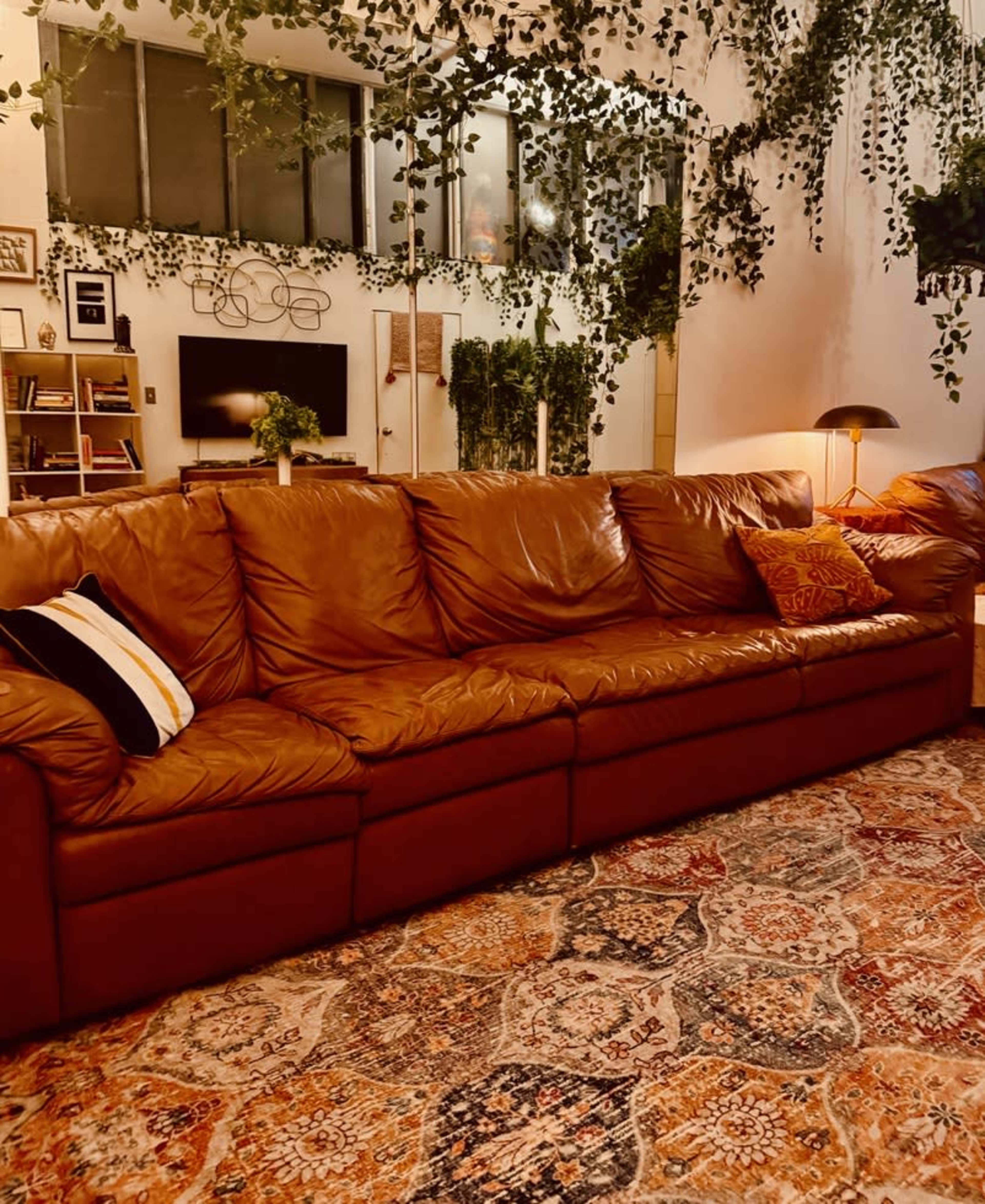 The image shows a cozy living room featuring a large brown leather sofa, a colorful patterned rug, and indoor plants hanging from the ceiling.