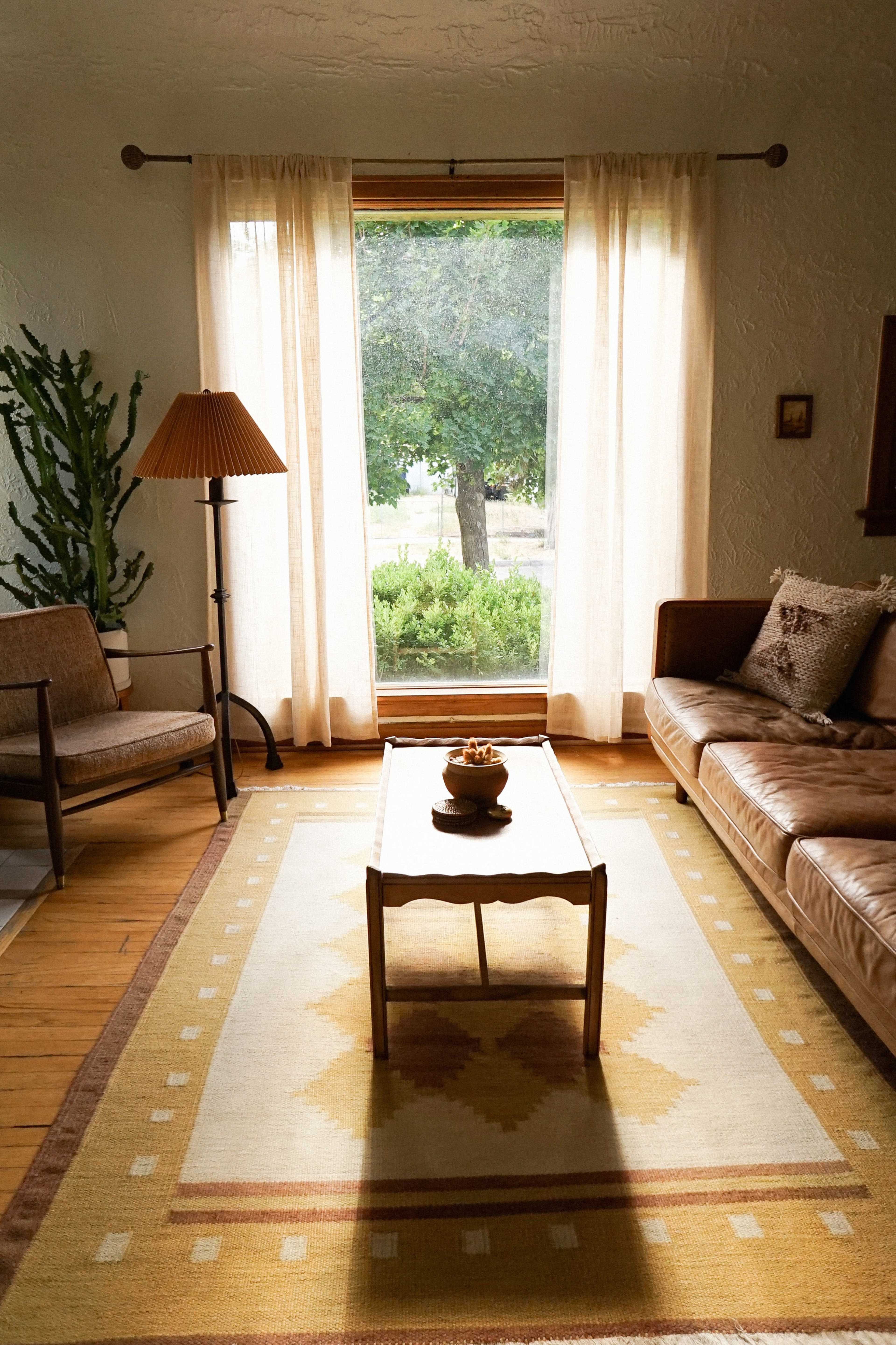 A cozy living room features a plants by the window, softly lit by natural light, with a coffee table in the center and seating on either side.