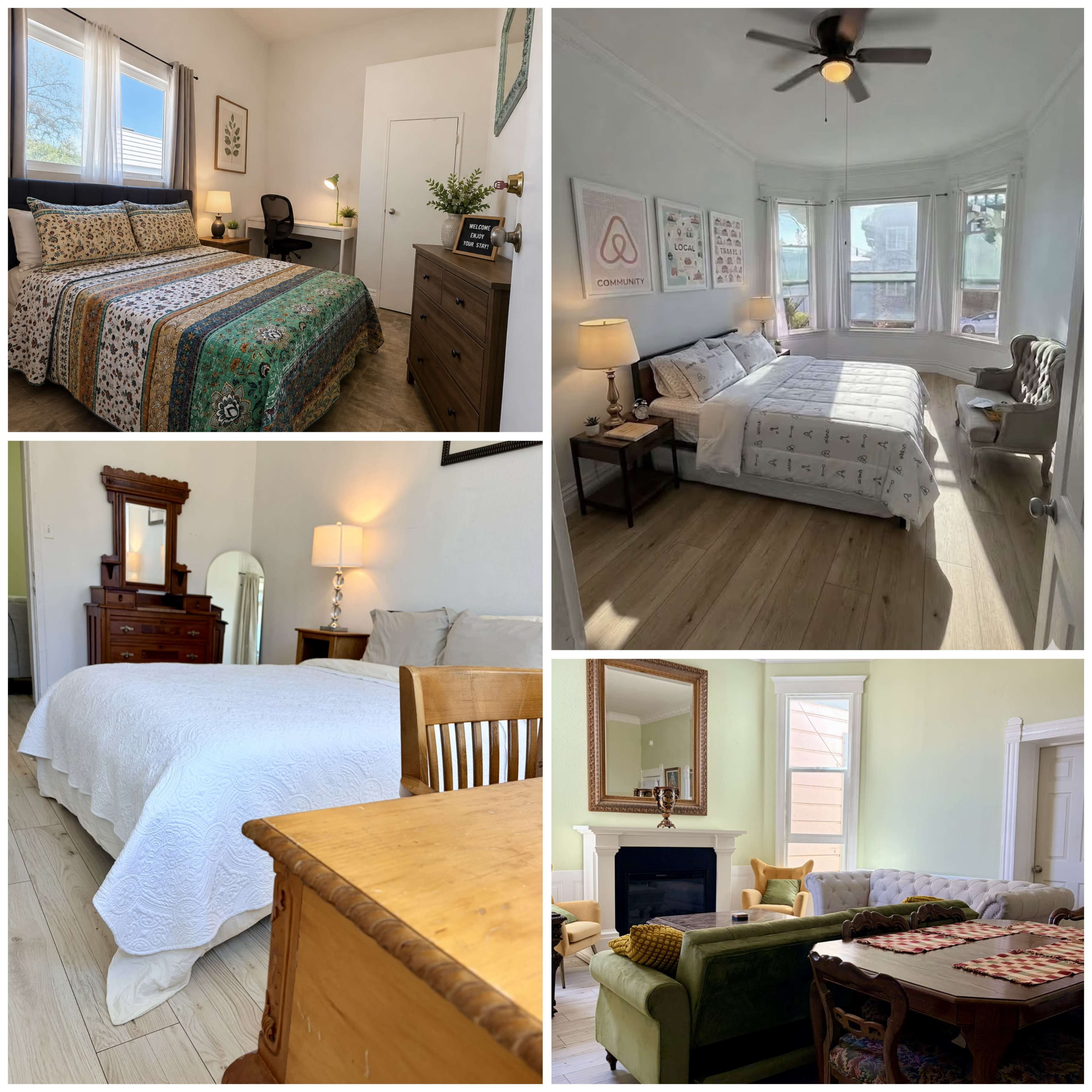 The image showcases a series of four distinct shots of a well-decorated interior space, including bedrooms with beds, a desk area, and a cozy living room arrangement.