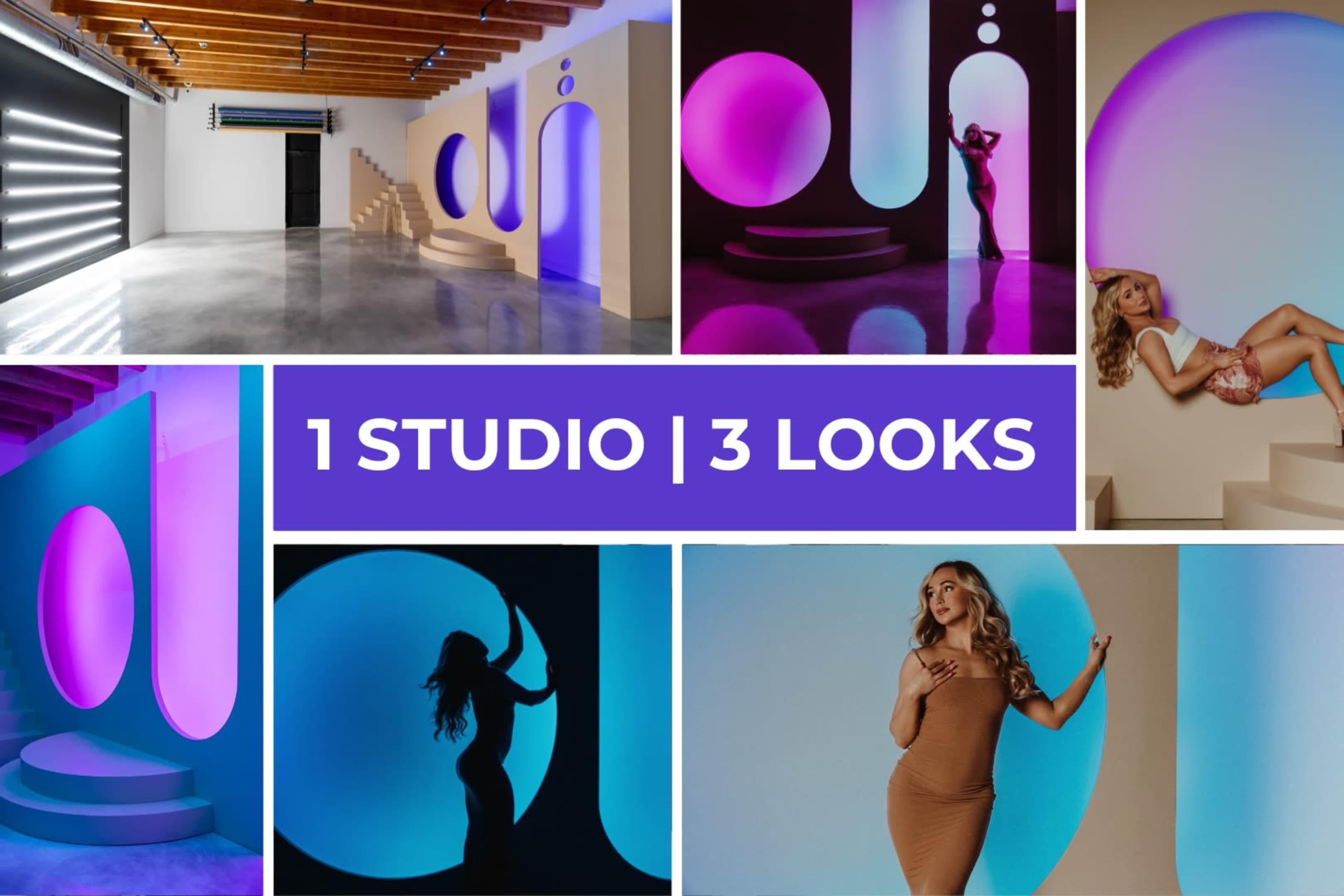 A modern studio space featuring three distinct setups with varying colored backgrounds and a model posing in each setting.