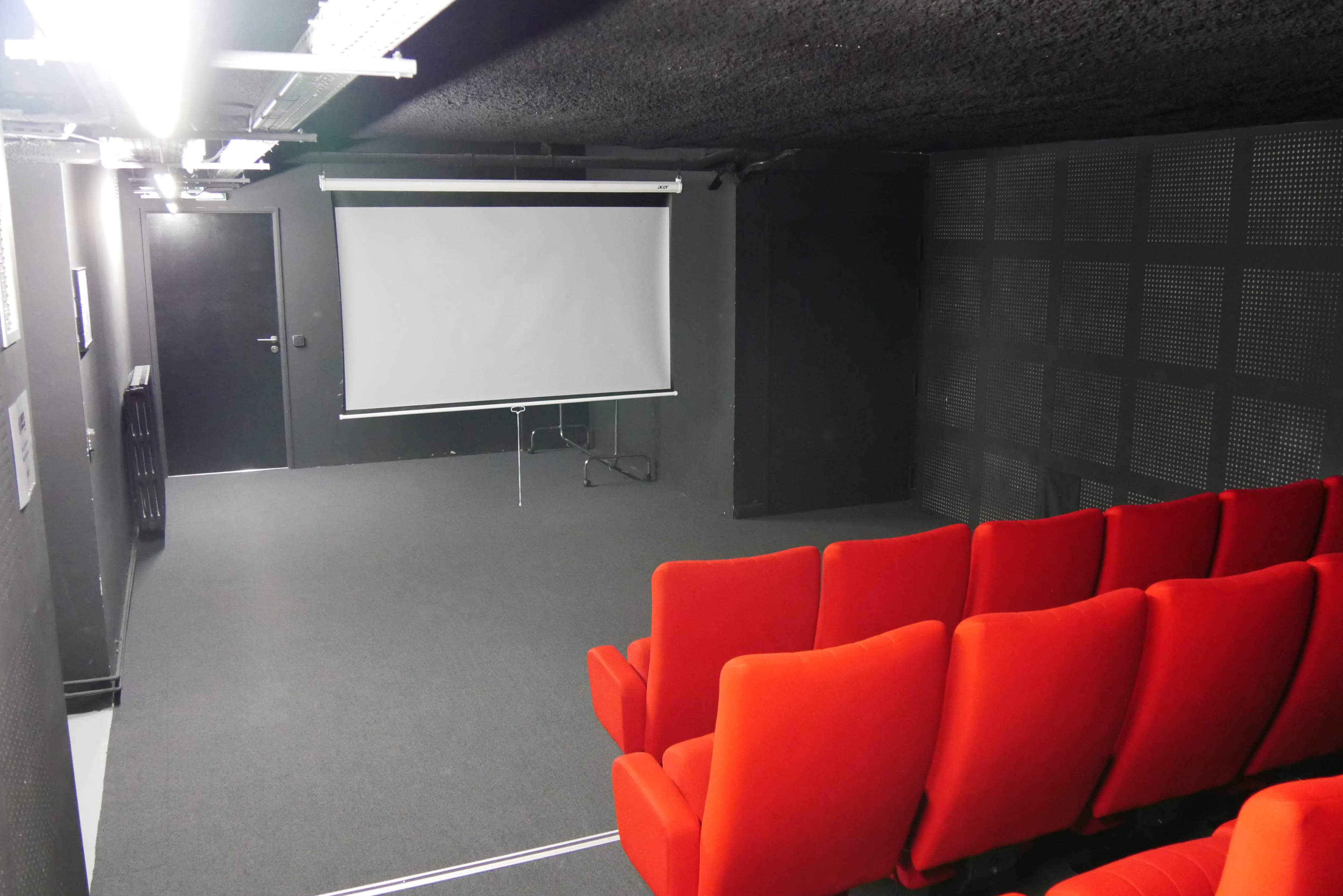 A small, darkened presentation room features red seating arranged in rows facing a pull-down screen.