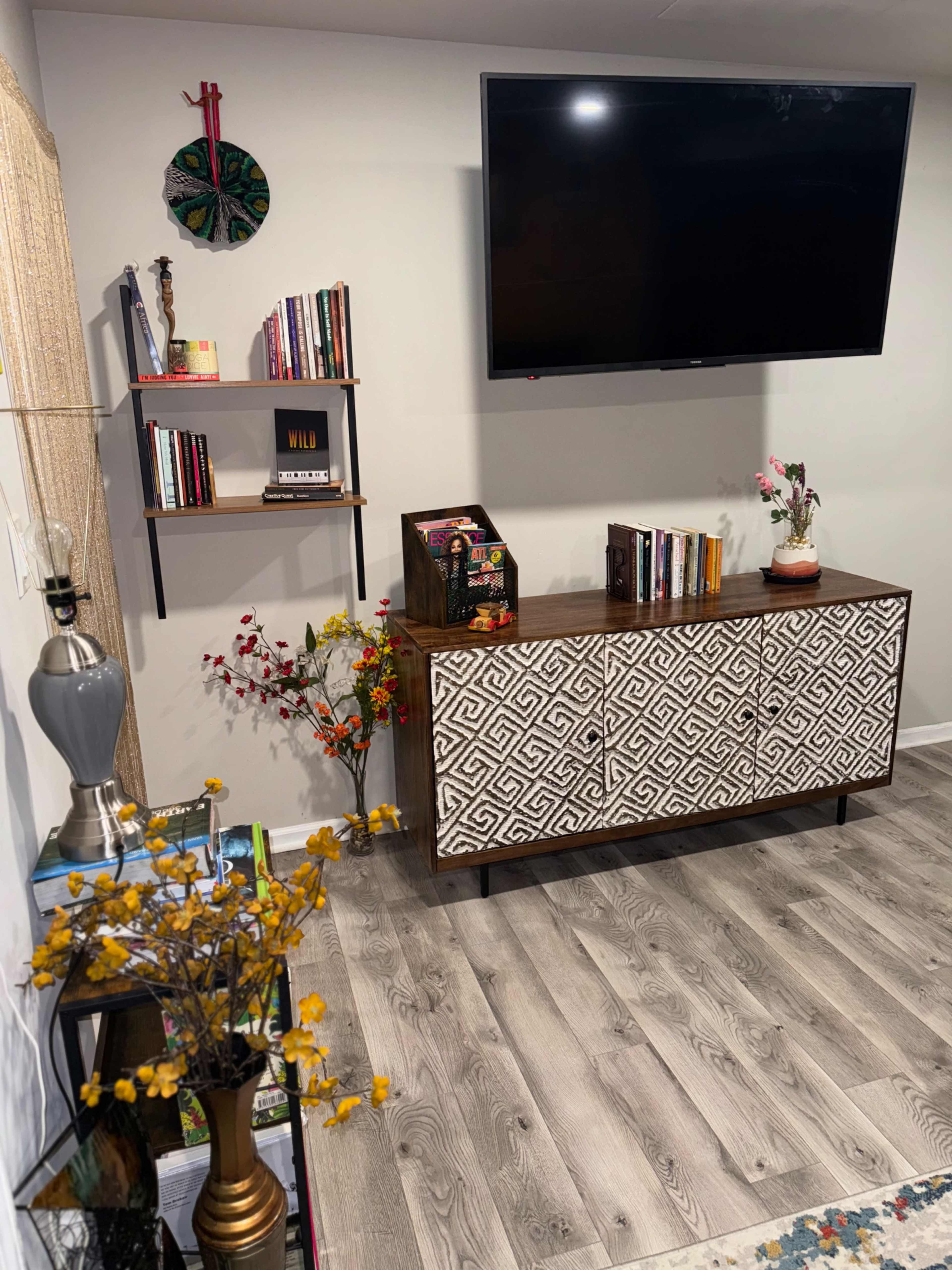 The image shows a living space featuring a wall-mounted television above a wooden cabinet with patterned doors, surrounded by bookshelves and decorative plants.