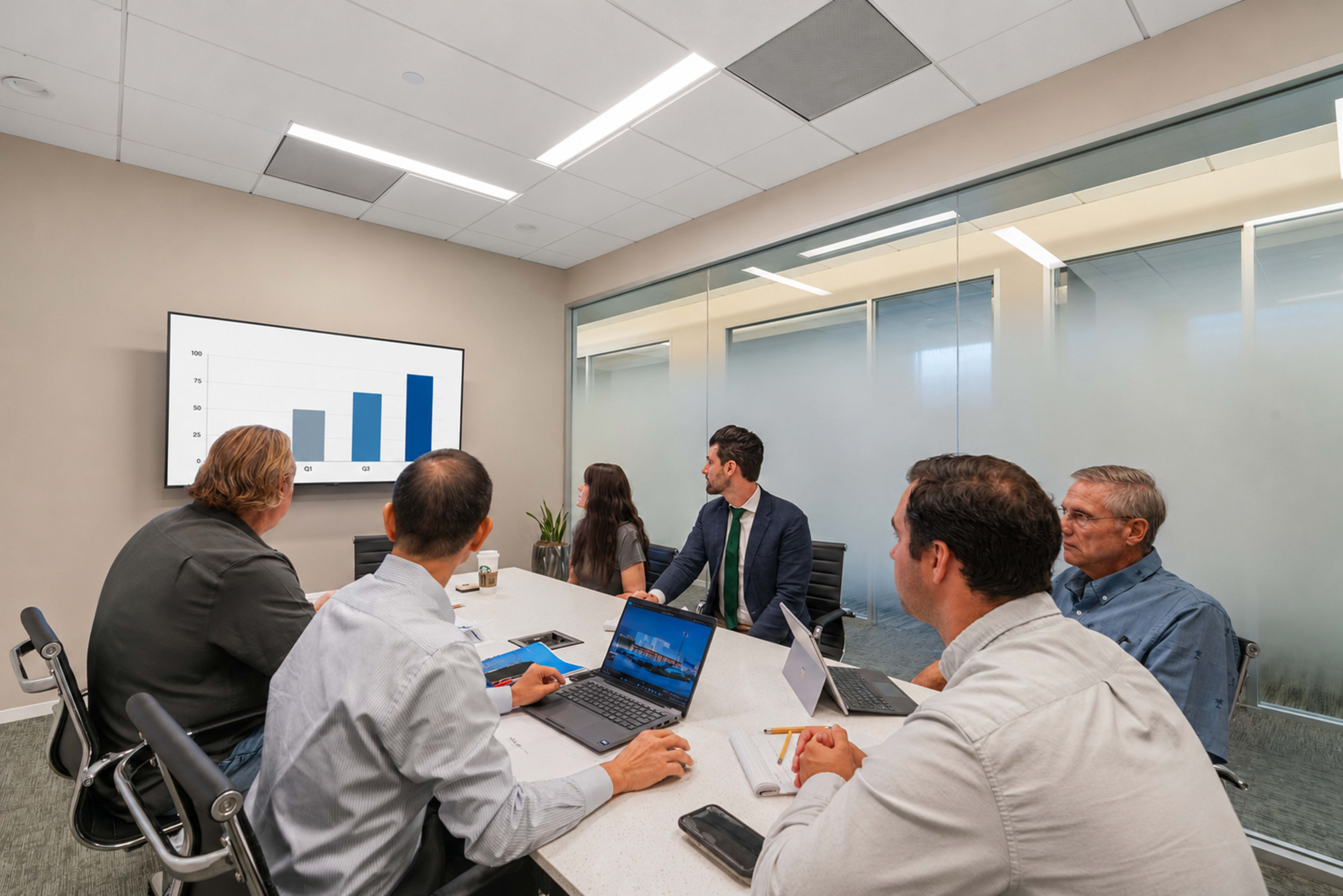 A group of six professionals is engaged in a meeting around a conference table, focused on a presentation displayed on a screen featuring a bar graph.