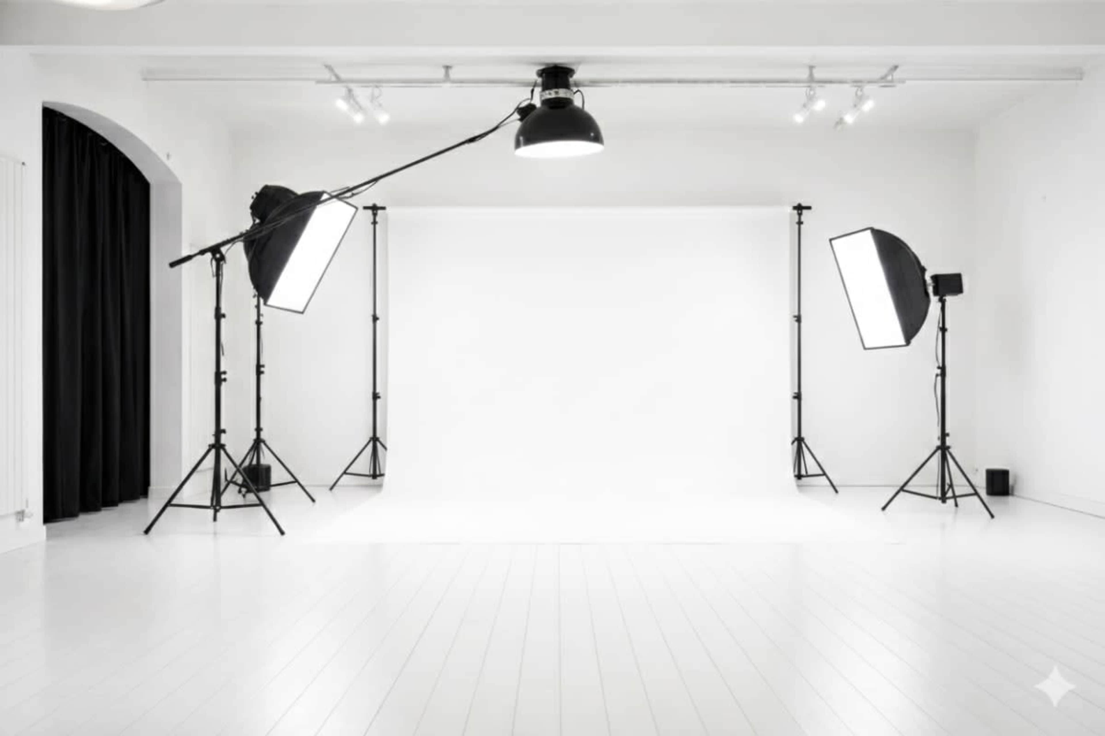 The image shows a photography studio with a white backdrop, two softbox lights on stands, and a spotlight hanging from the ceiling.