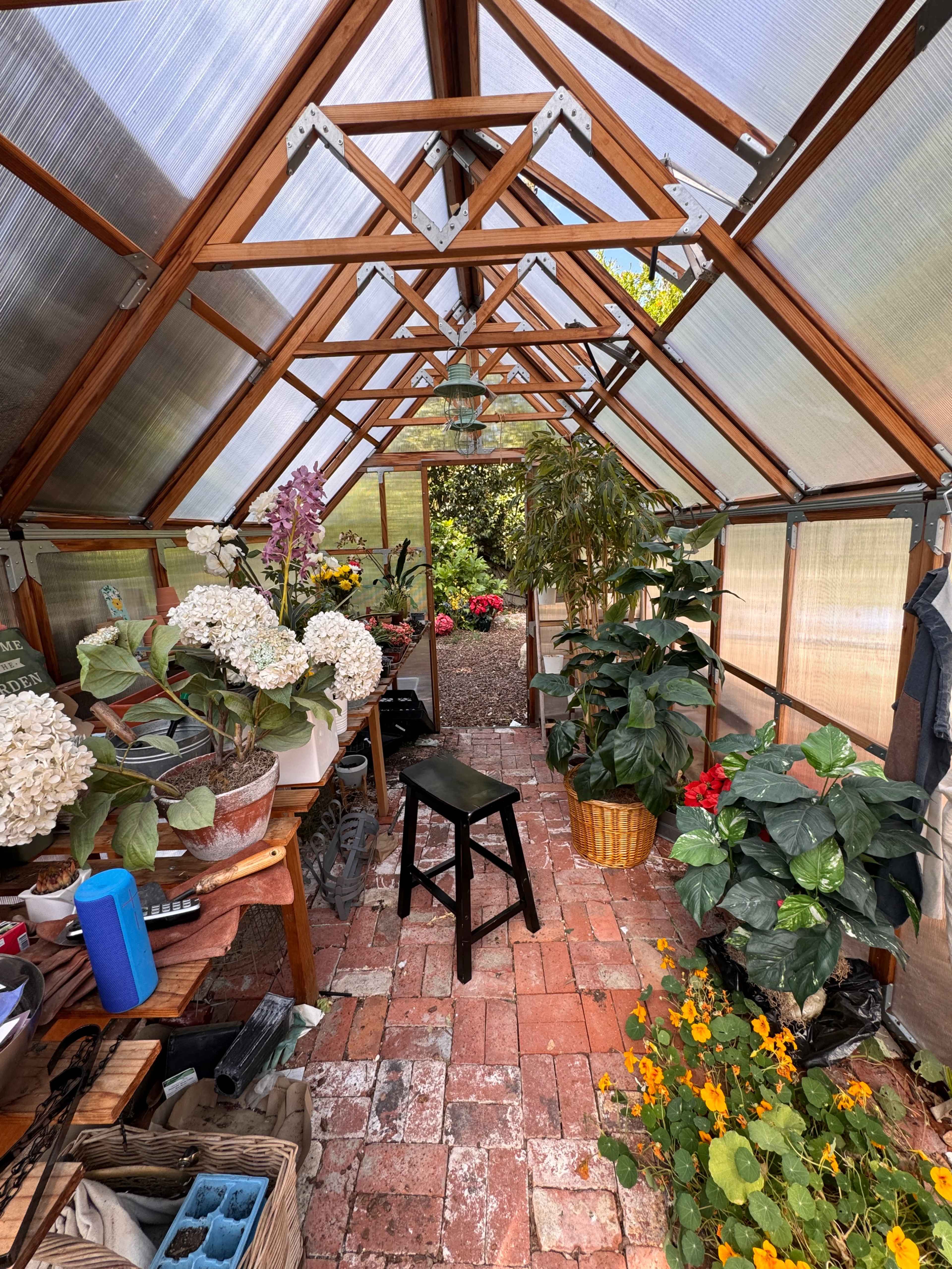 The interior of a greenhouse with brick flooring, various potted plants, and a wooden stool in the center.