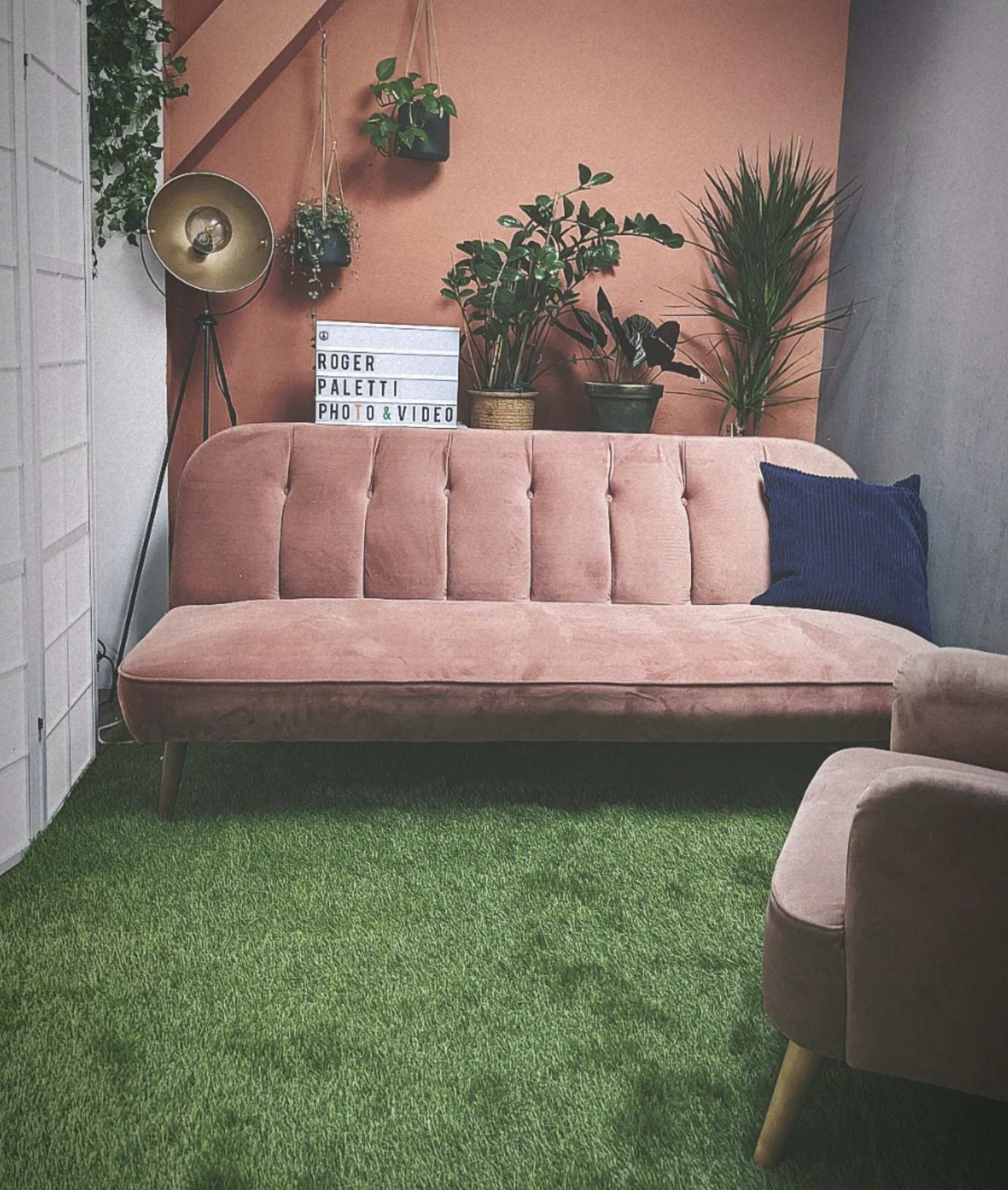 A pink velvety couch is positioned against a plant-filled wall, with a lighted sign displaying "ROGER PALETTI PHOTO & VIDEO" nearby on a grassy floor.