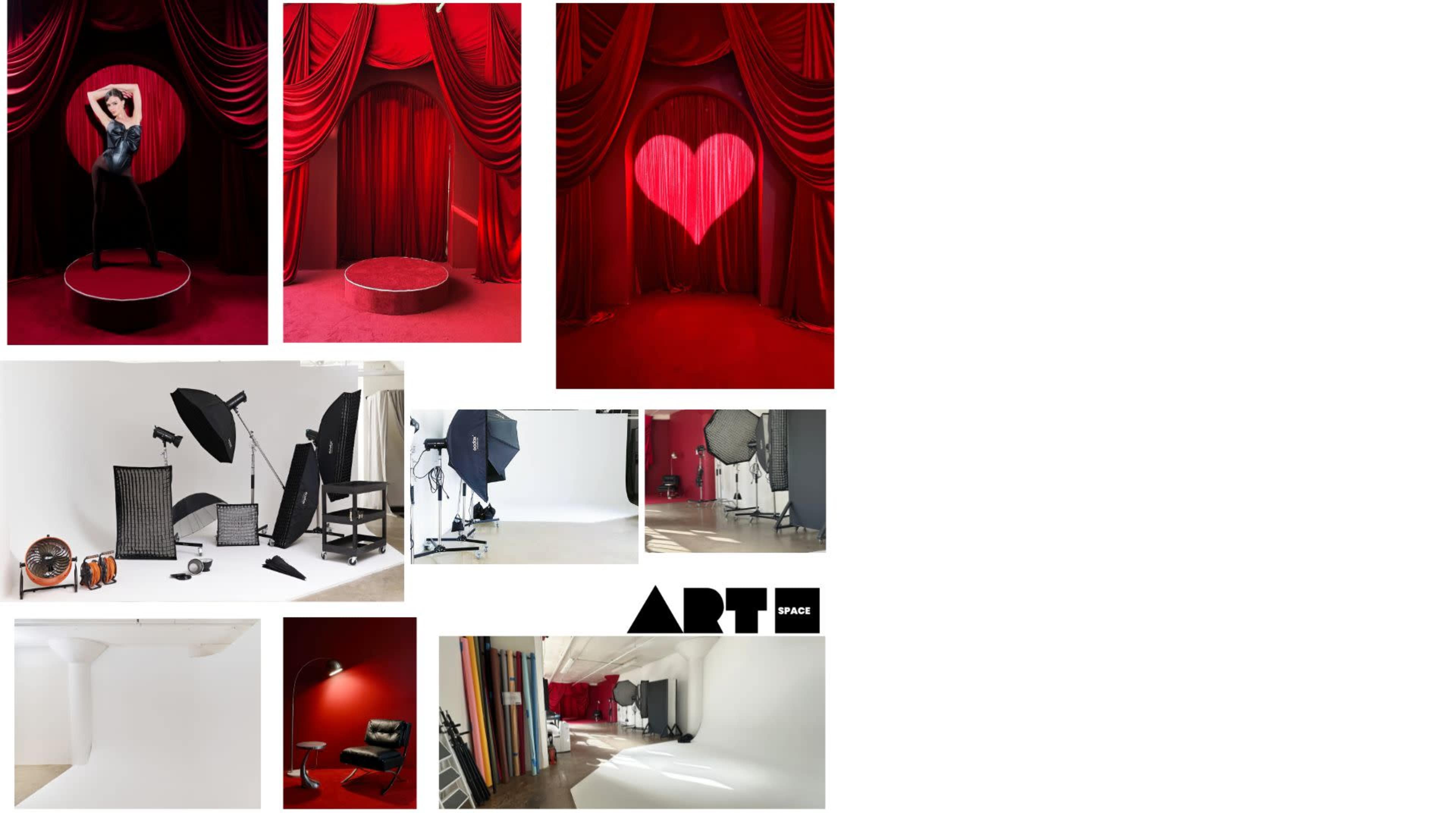The image displays a collage featuring a red curtain stage setup, various photography equipment, and studio spaces.