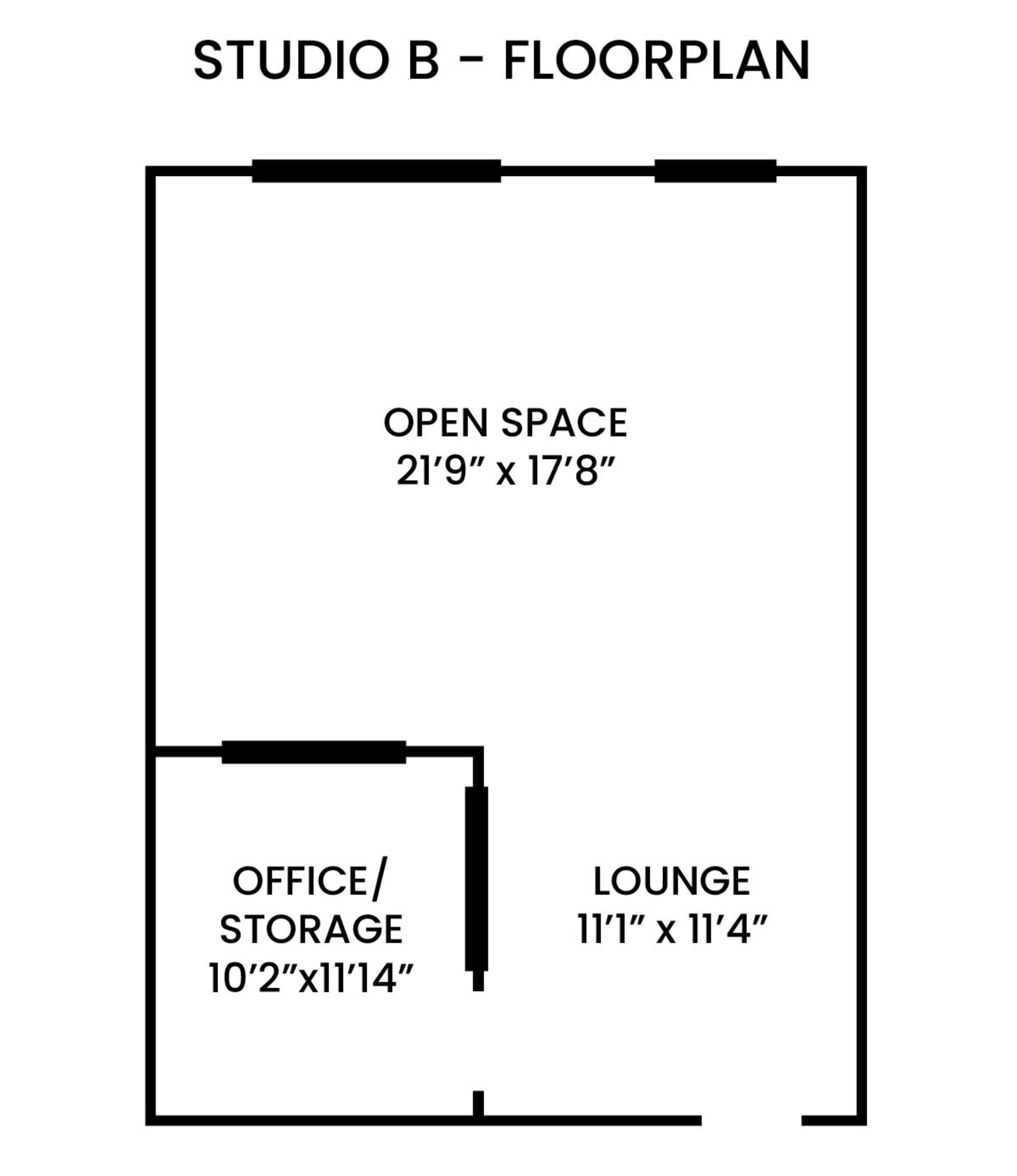 A floor plan labeled "STUDIO B," featuring an open space along with an office/storage area and a lounge.