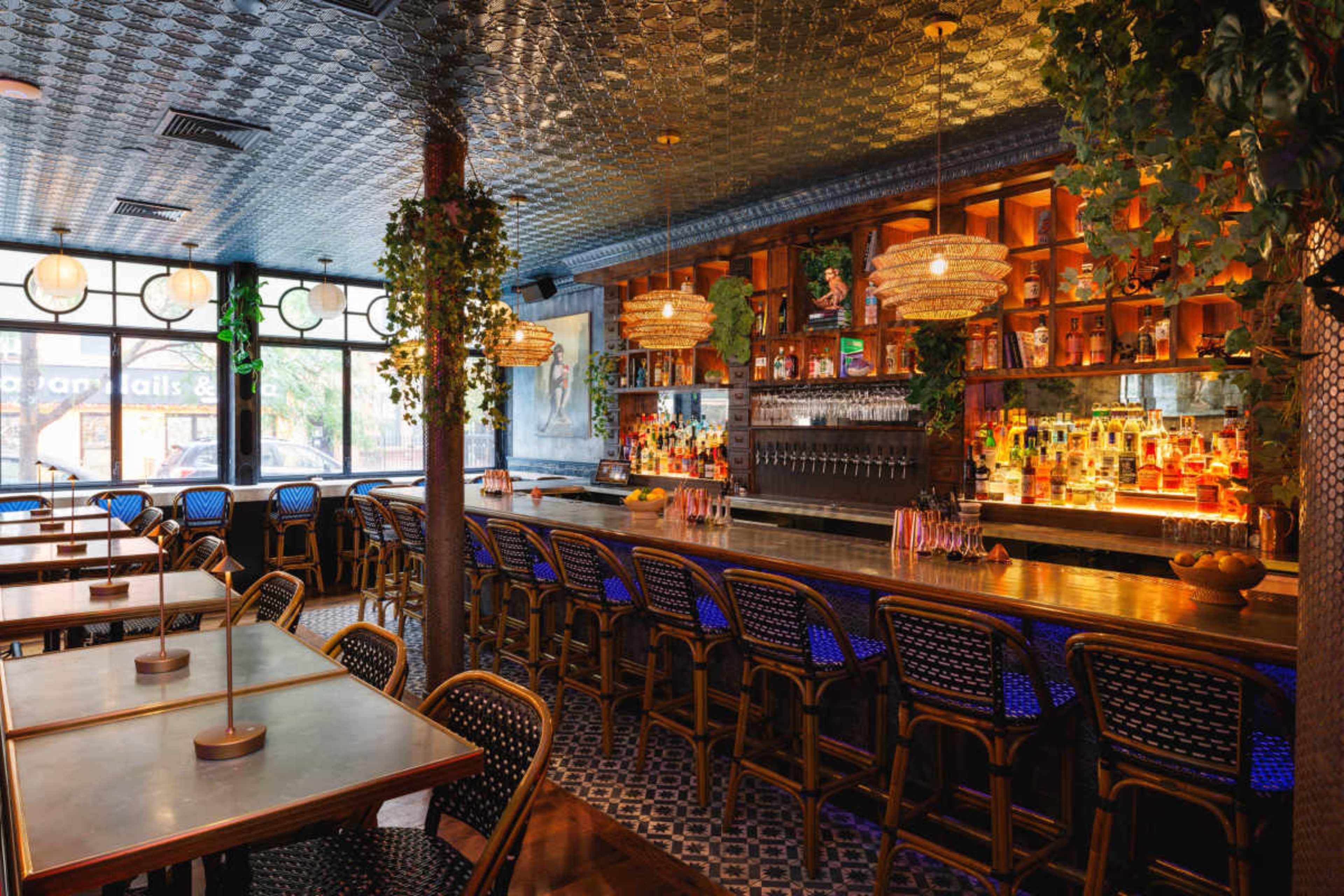 The image shows a warmly lit bar interior with wooden tables, wicker chairs, and a well-stocked bar featuring colorful liquor bottles and decorative plants.