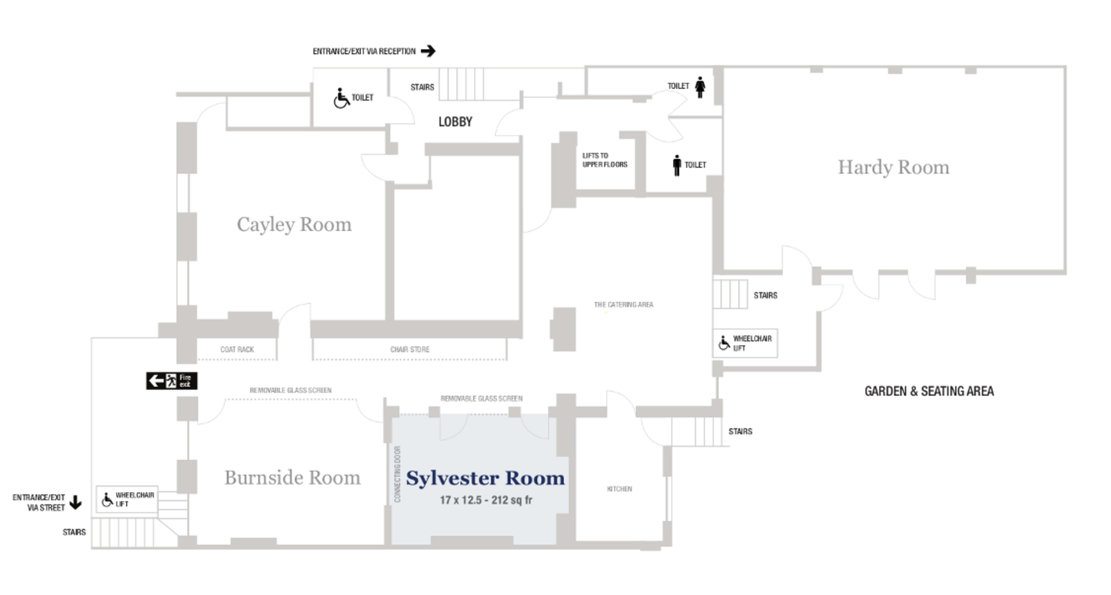 The floor plan shows the layout of a building with labeled rooms including the Sylvester Room, Burnside Room, Cayley Room, and Hardy Room, along with entrances, restrooms, and a garden area.