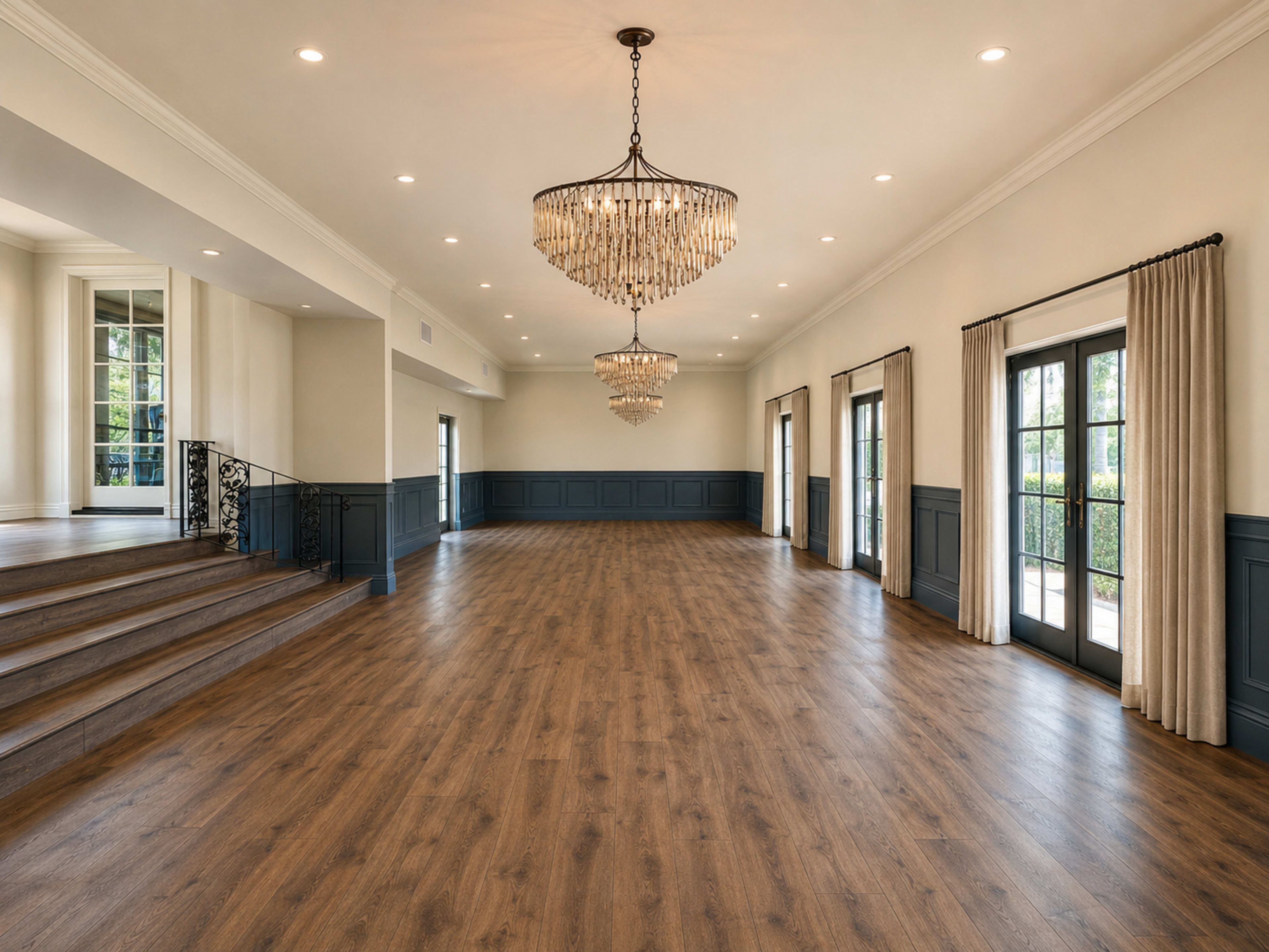 The image shows a spacious interior room with wooden flooring, two large chandelier light fixtures, and French doors leading to an outdoor area.