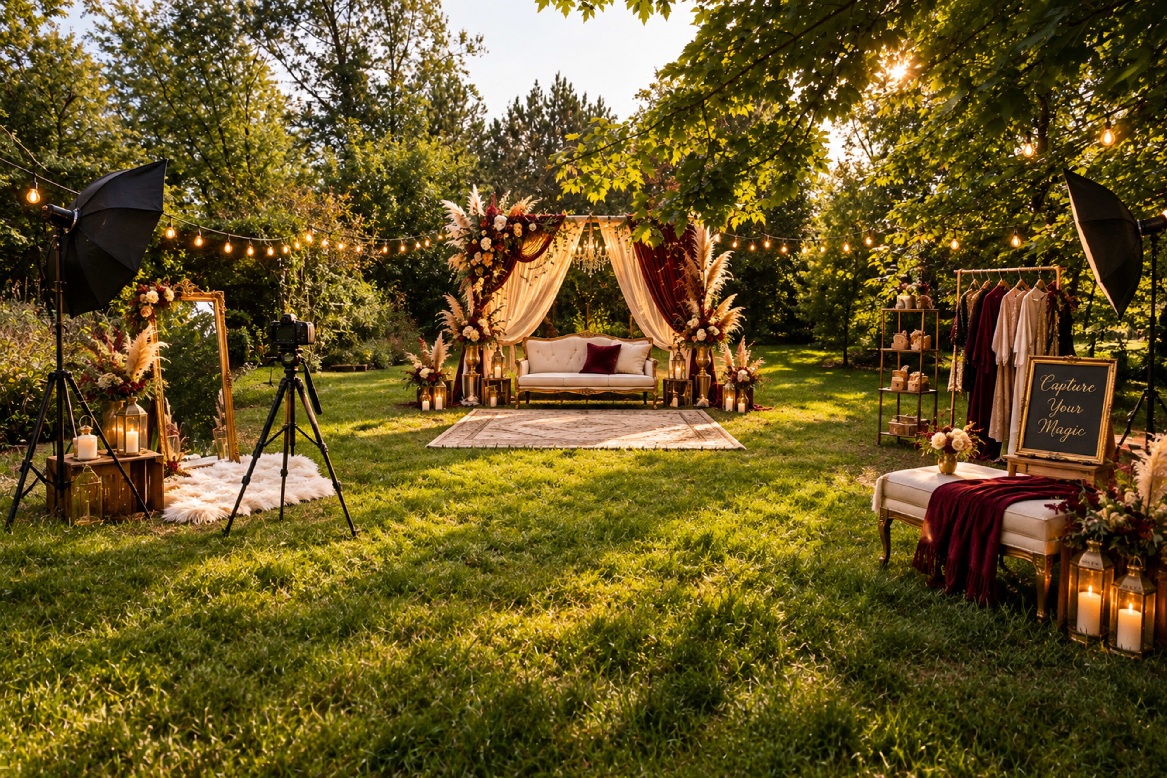 The scene features an outdoor event setup with a decorated canopy for sitting, surrounded by various plants, lighting, and photography equipment.
