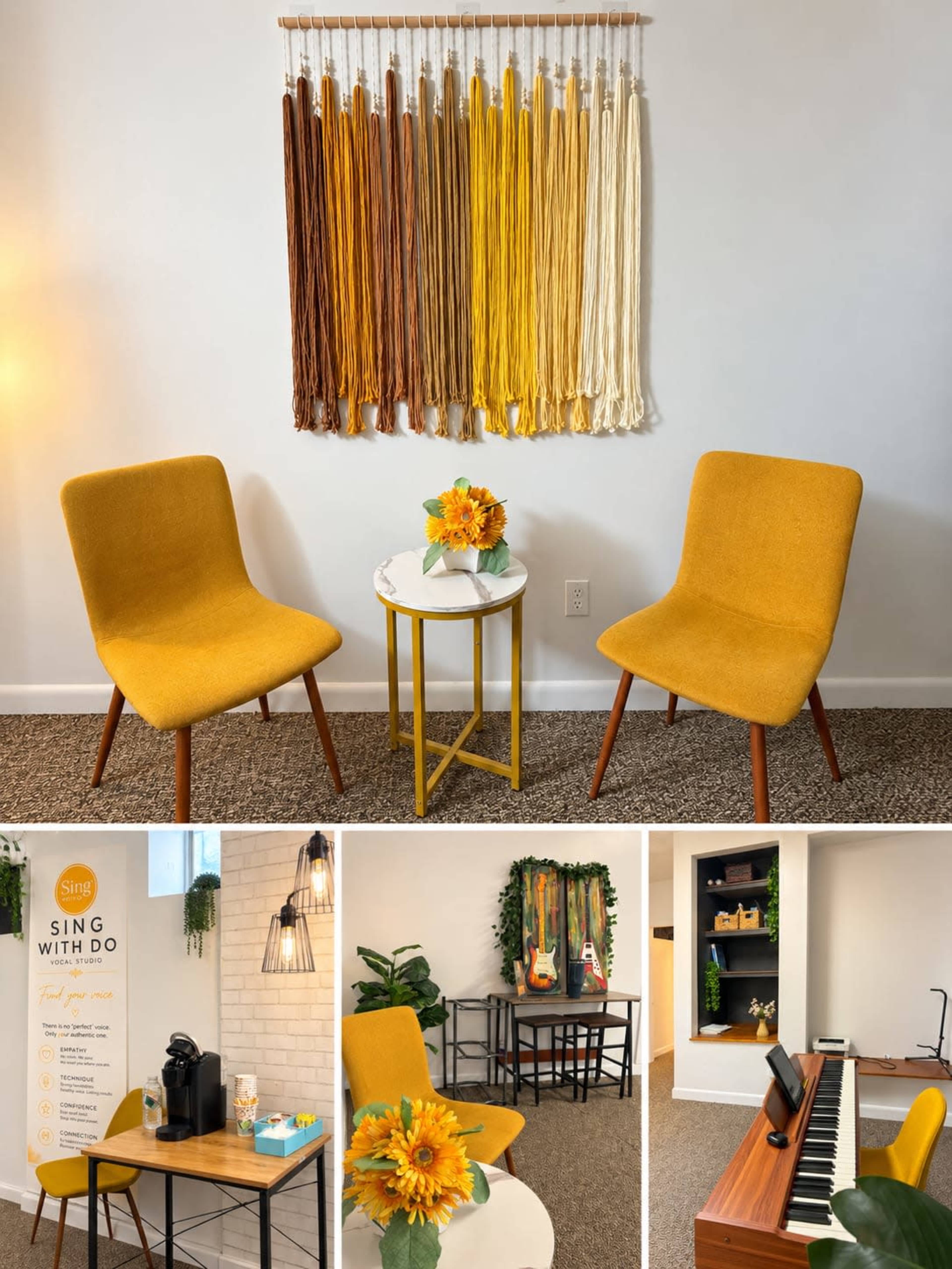 The image features a cozy studio space with yellow chairs, a small round table adorned with flowers, and various seating and work areas decorated with vibrant yarn and plants.