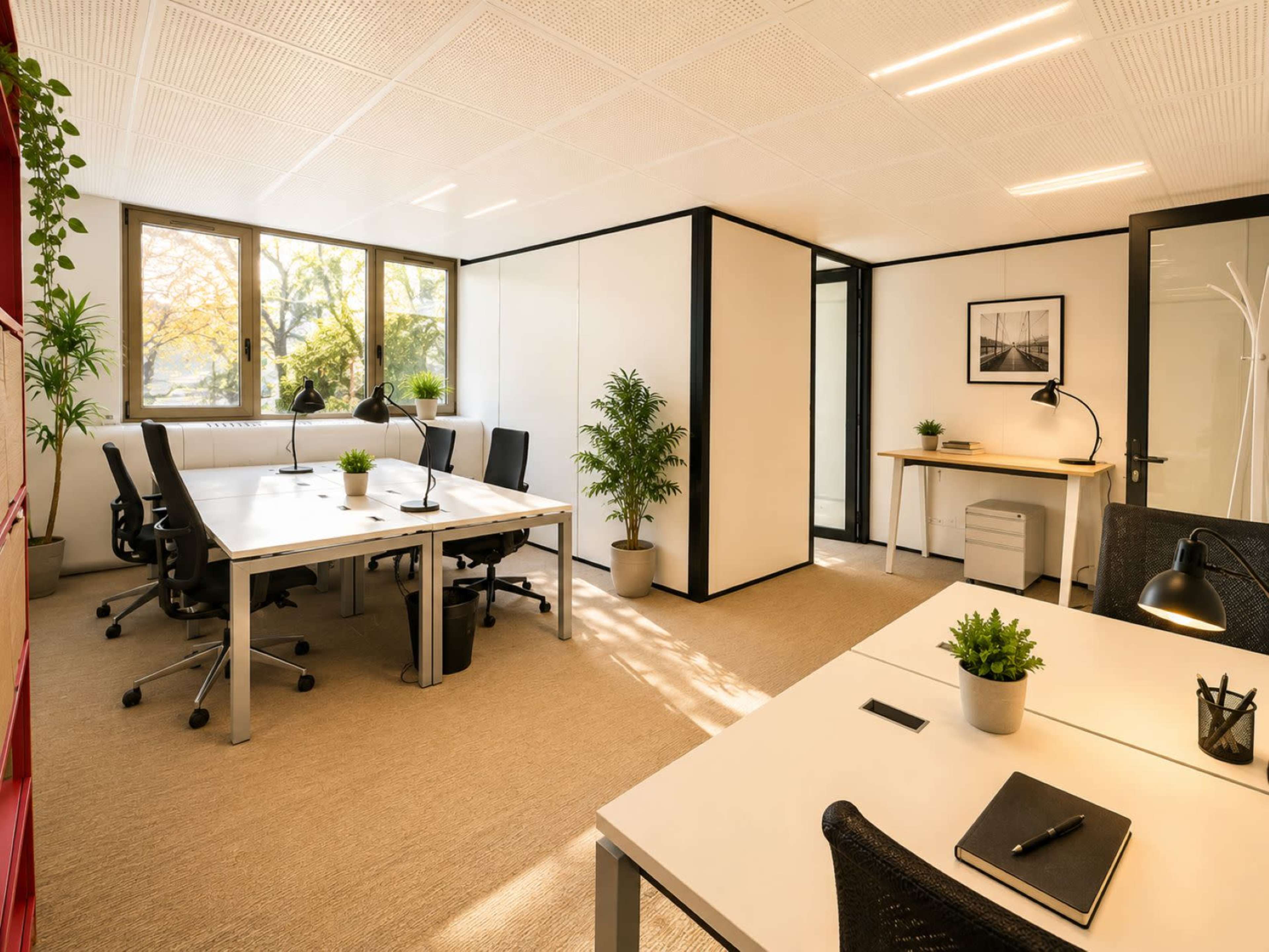 The image shows a modern office space with several desks, chairs, and plants, featuring large windows that allow natural light to fill the room.