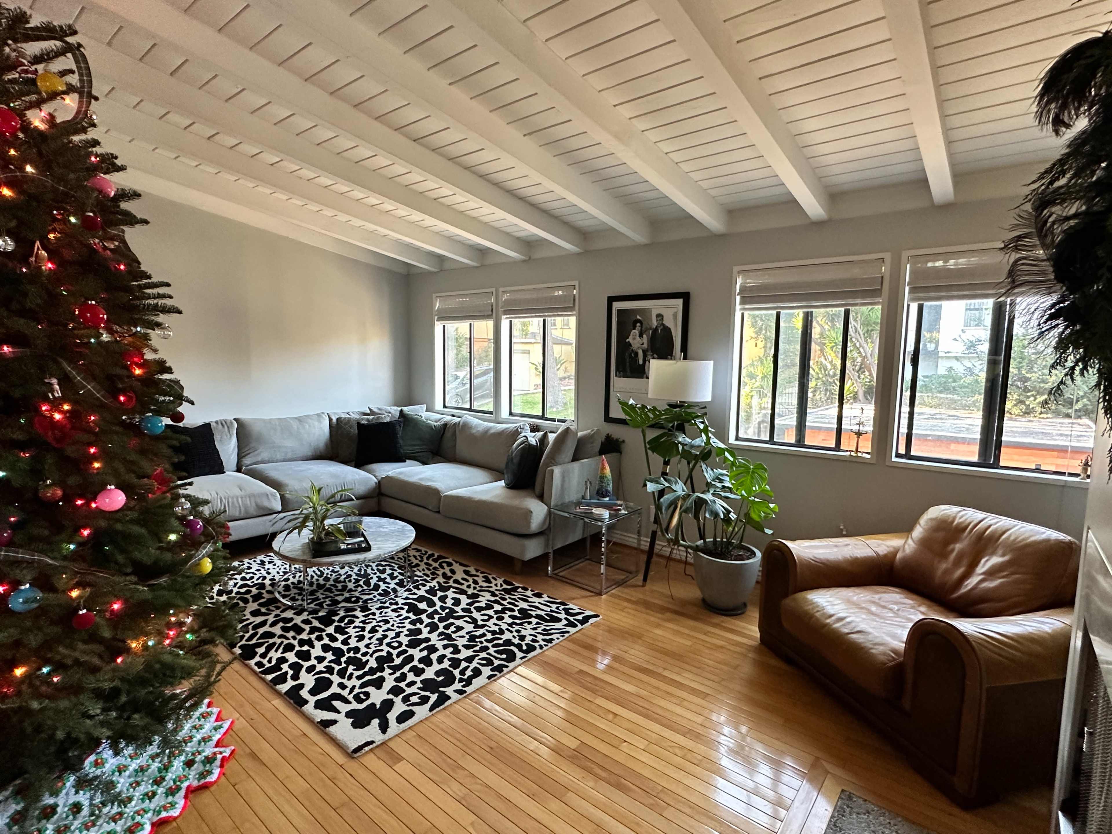 The living room features a gray sectional sofa, a round coffee table on a leopard print rug, a Christmas tree, and large windows with natural light.