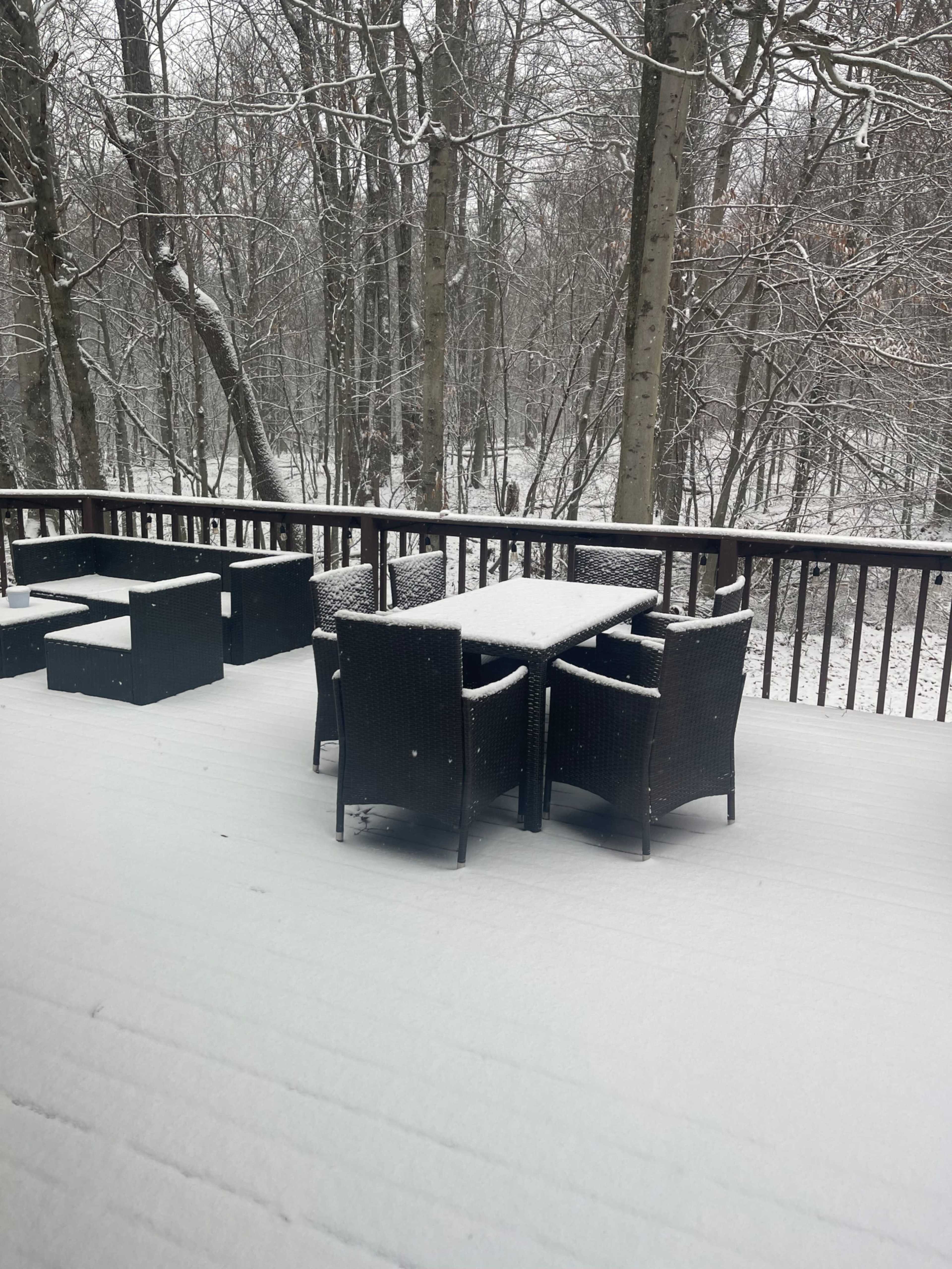 A patio table and chairs are covered in snow on a deck surrounded by bare trees.