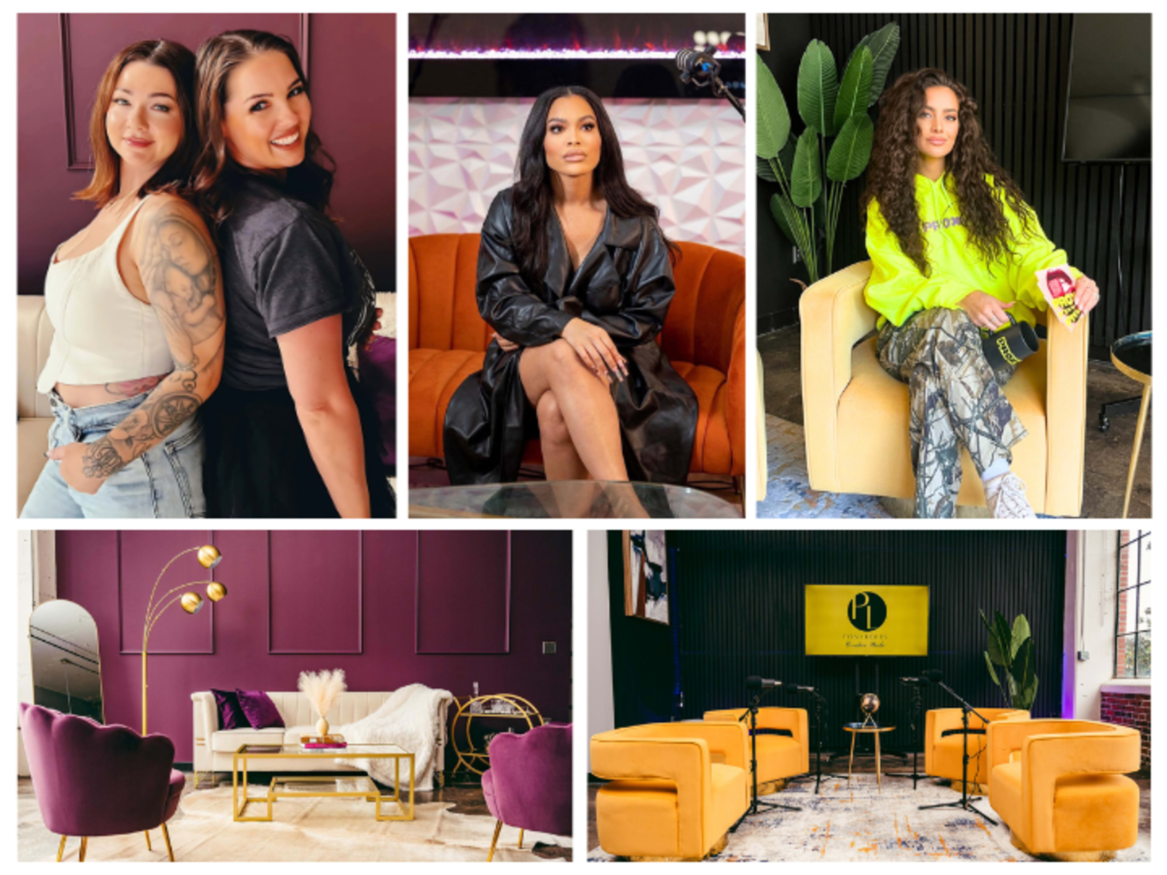 The image features a collage of four scenes, including two women posing together, a seated woman in a black outfit, a stylish lounge area with decorative chairs, and another cozy setting with modern furniture and light fixtures.