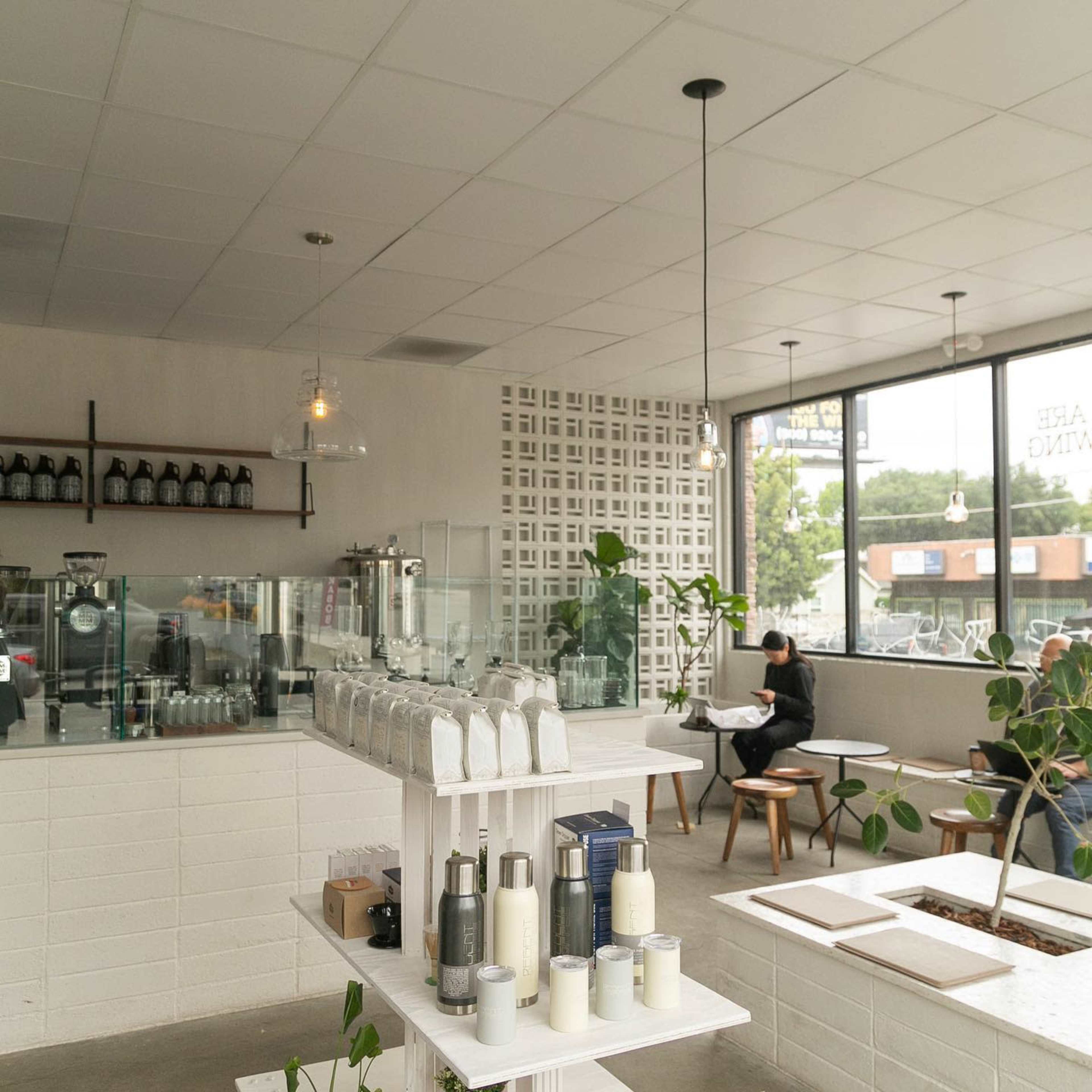 A minimalistic café interior with a beverage counter, seating arrangements, and decorative plants.