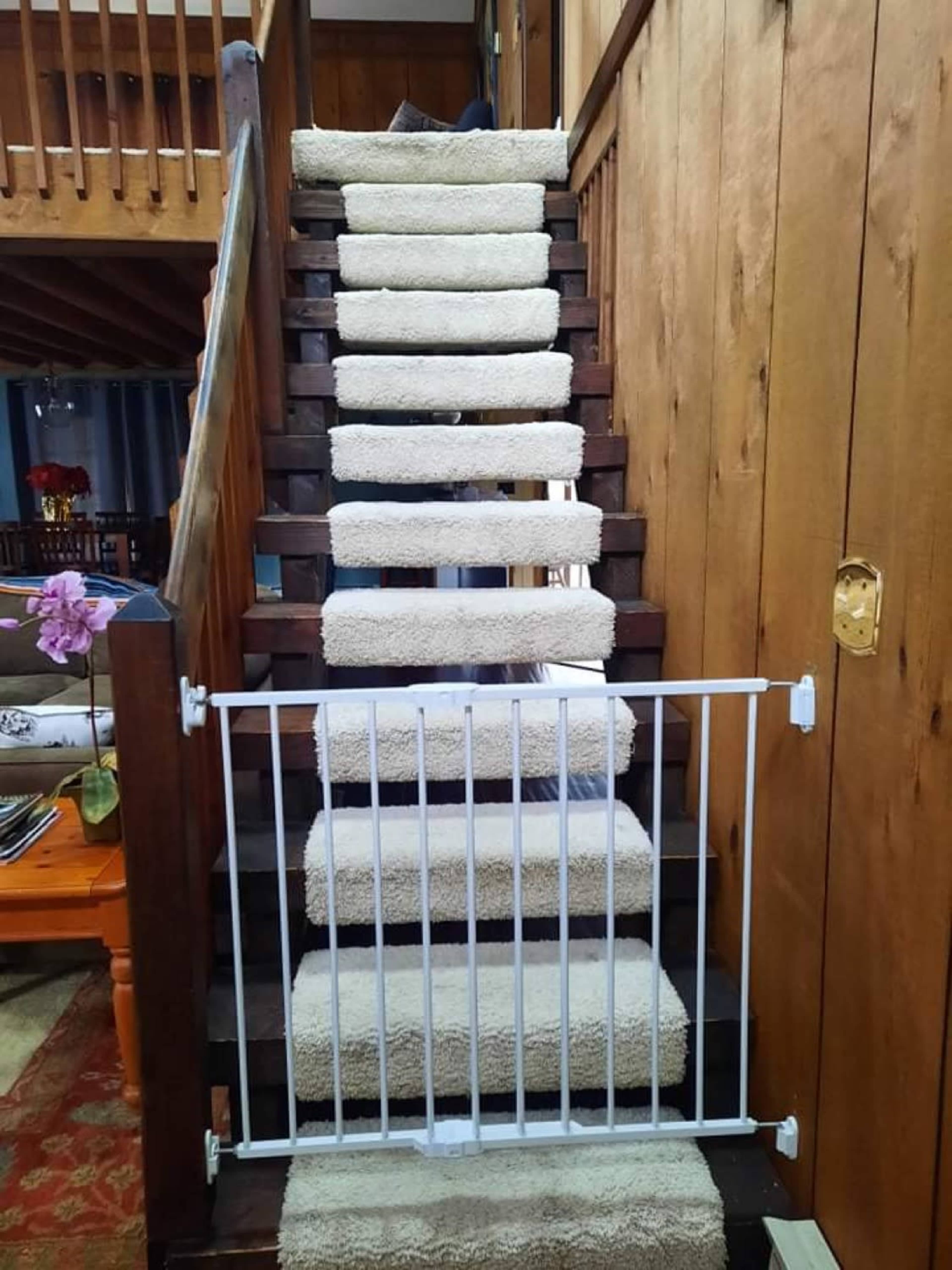 The image shows a staircase with carpeted steps and a white safety gate at the bottom.