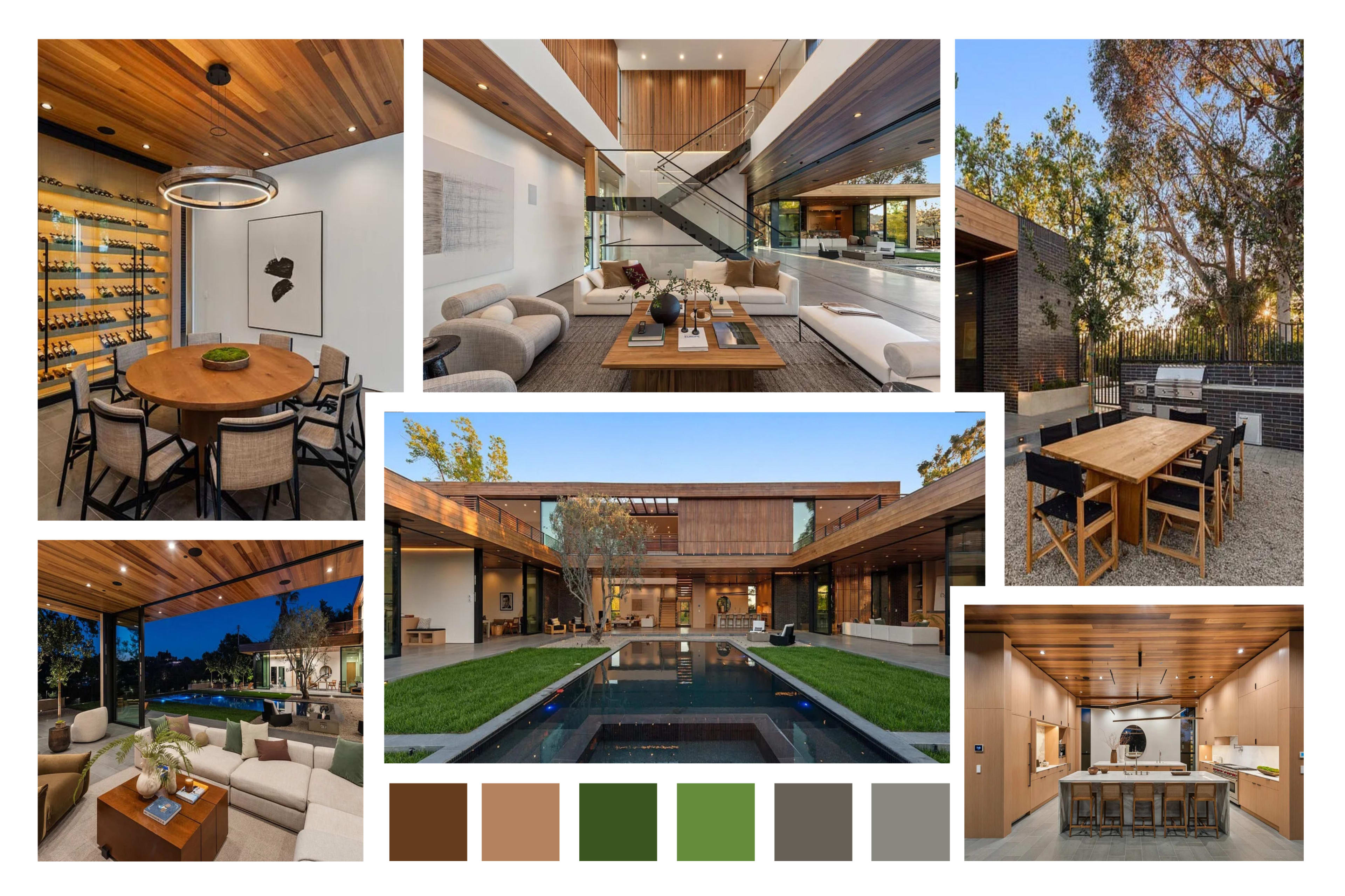 The image showcases a modern home featuring open spaces, large glass windows, and a blend of indoor and outdoor living areas, surrounded by greenery and a pool.