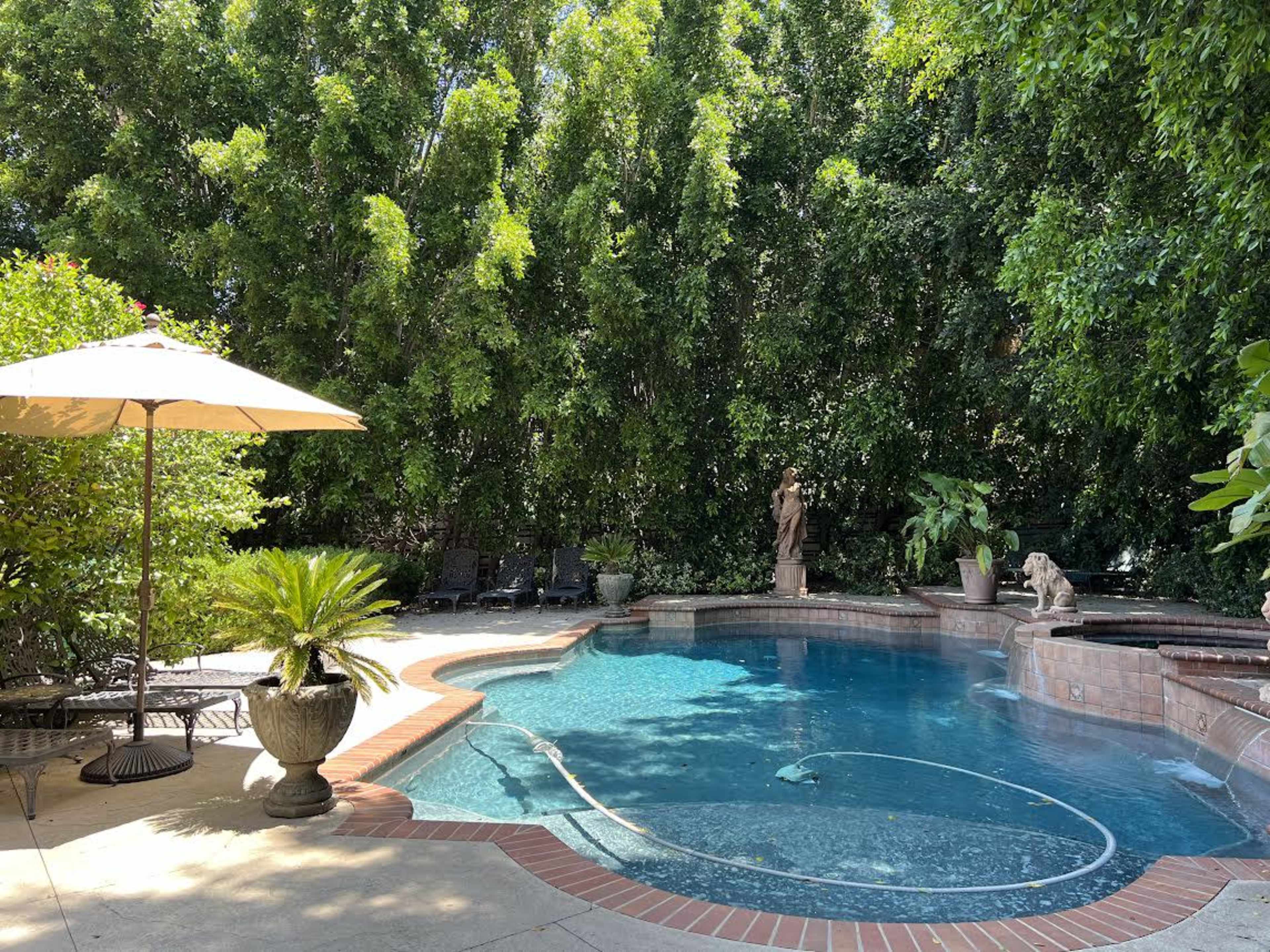 A swimming pool surrounded by lush greenery, a sun umbrella, and decorative statues.
