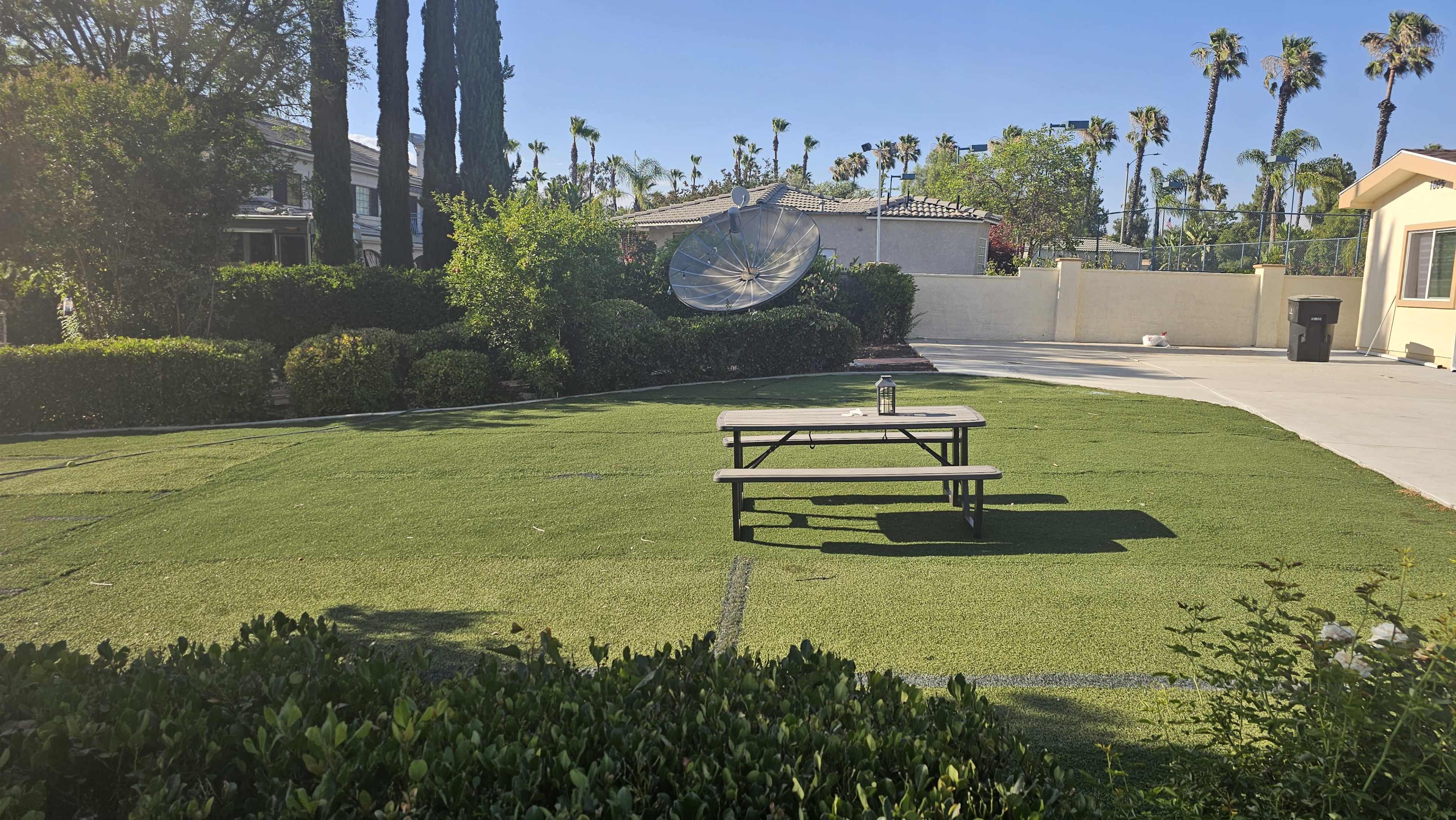 The image shows a backyard with a picnic table on artificial turf, surrounded by shrubs and palm trees, and a satellite dish in the background.