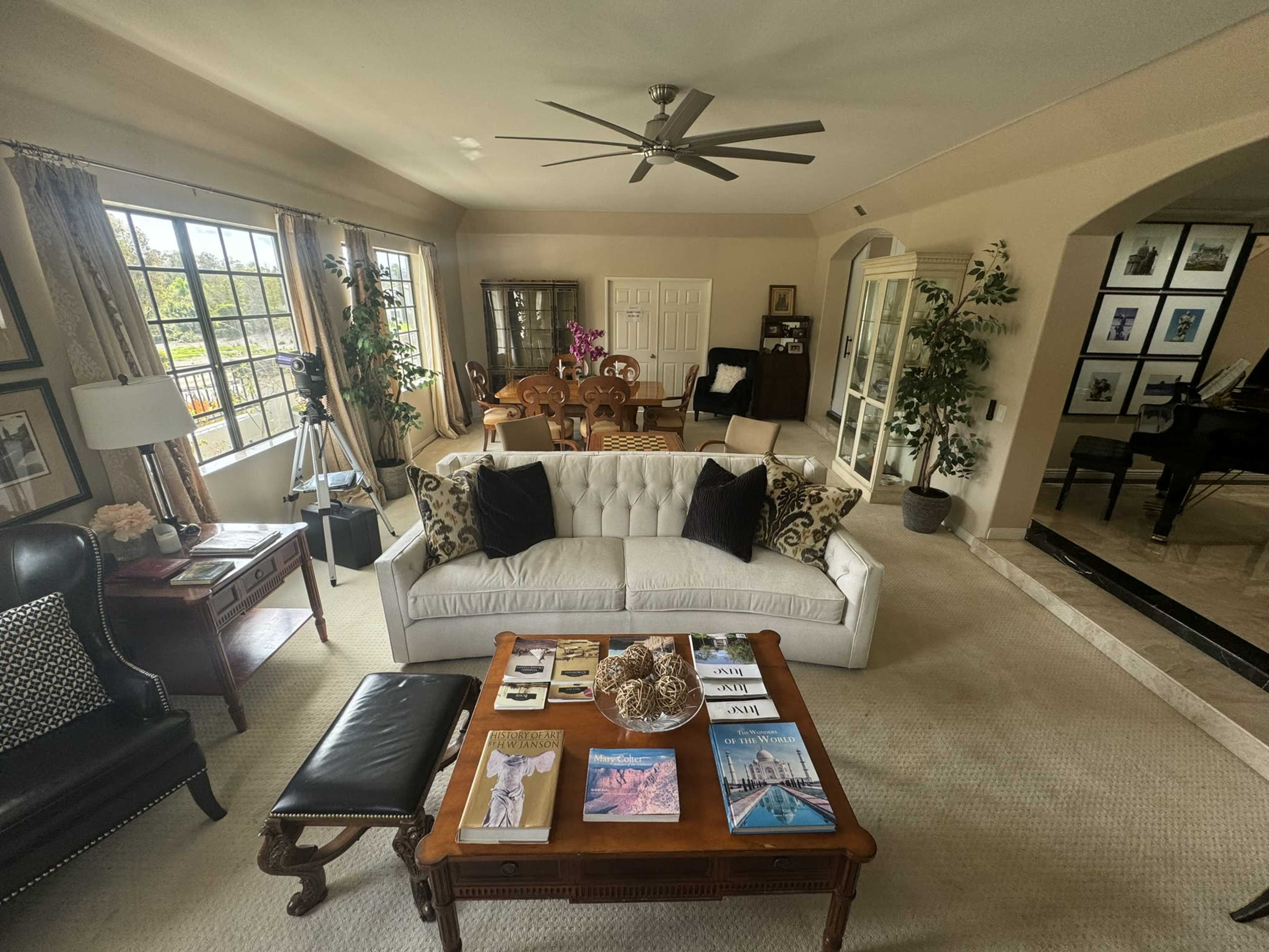 The living room features a large sofa adorned with decorative pillows, a coffee table with books and decor, and a dining area in the background illuminated by natural light.