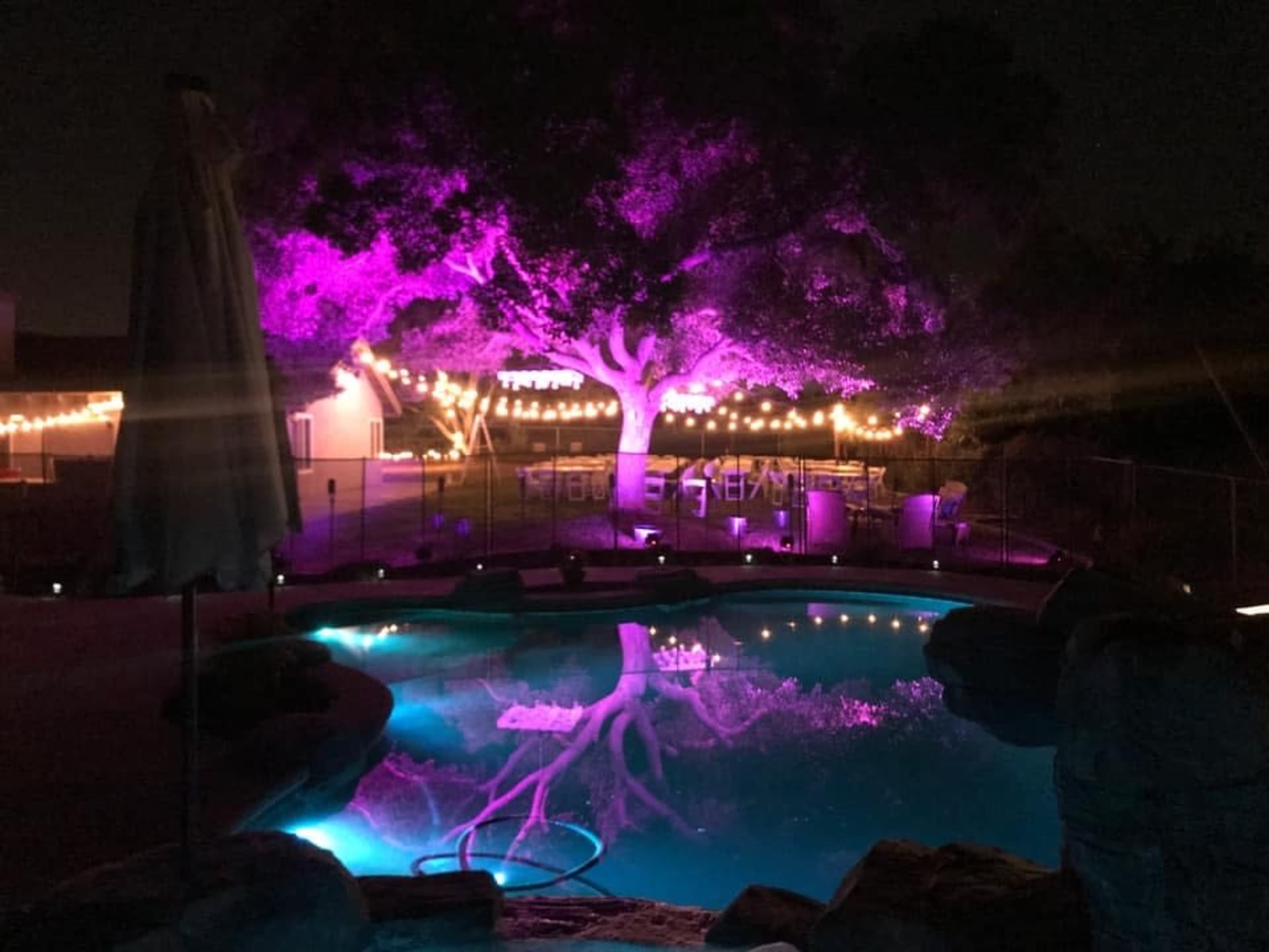 A illuminated backyard scene features a pool with a colorful light reflection, surrounded by string lights and a large tree.