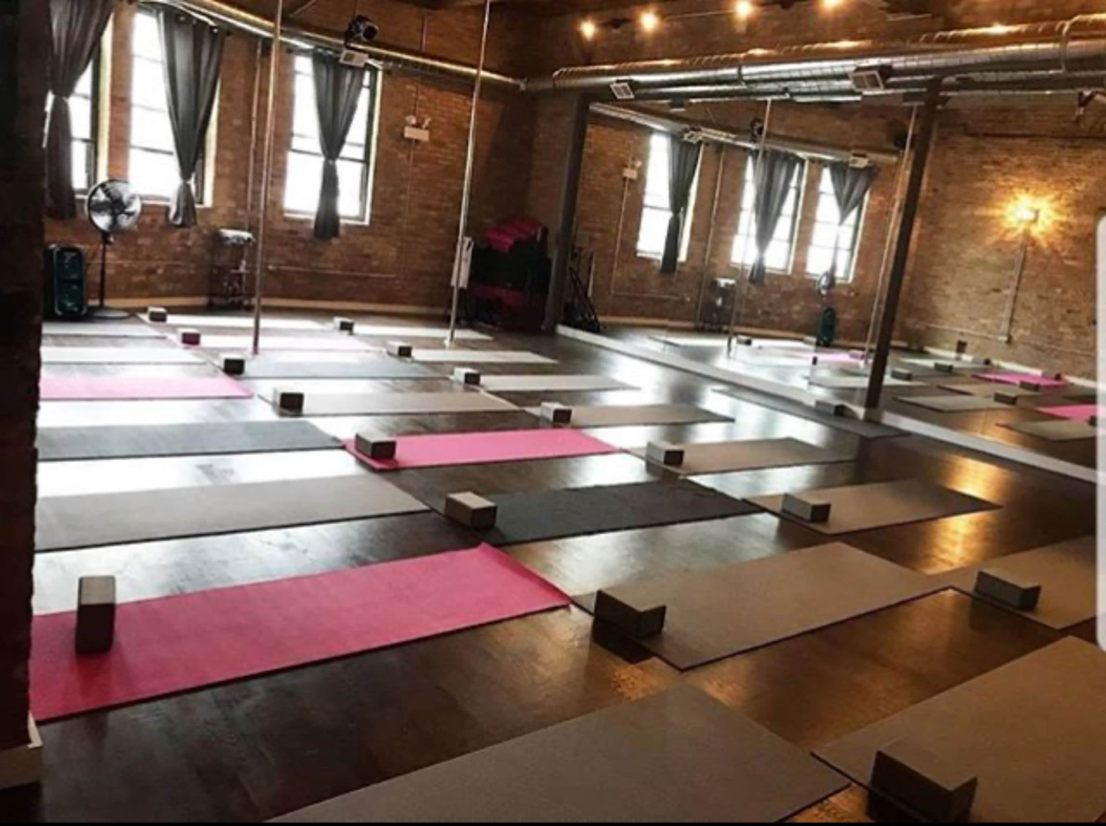 A yoga studio with multiple exercise mats arranged in neat rows, along with yoga blocks placed on each mat.