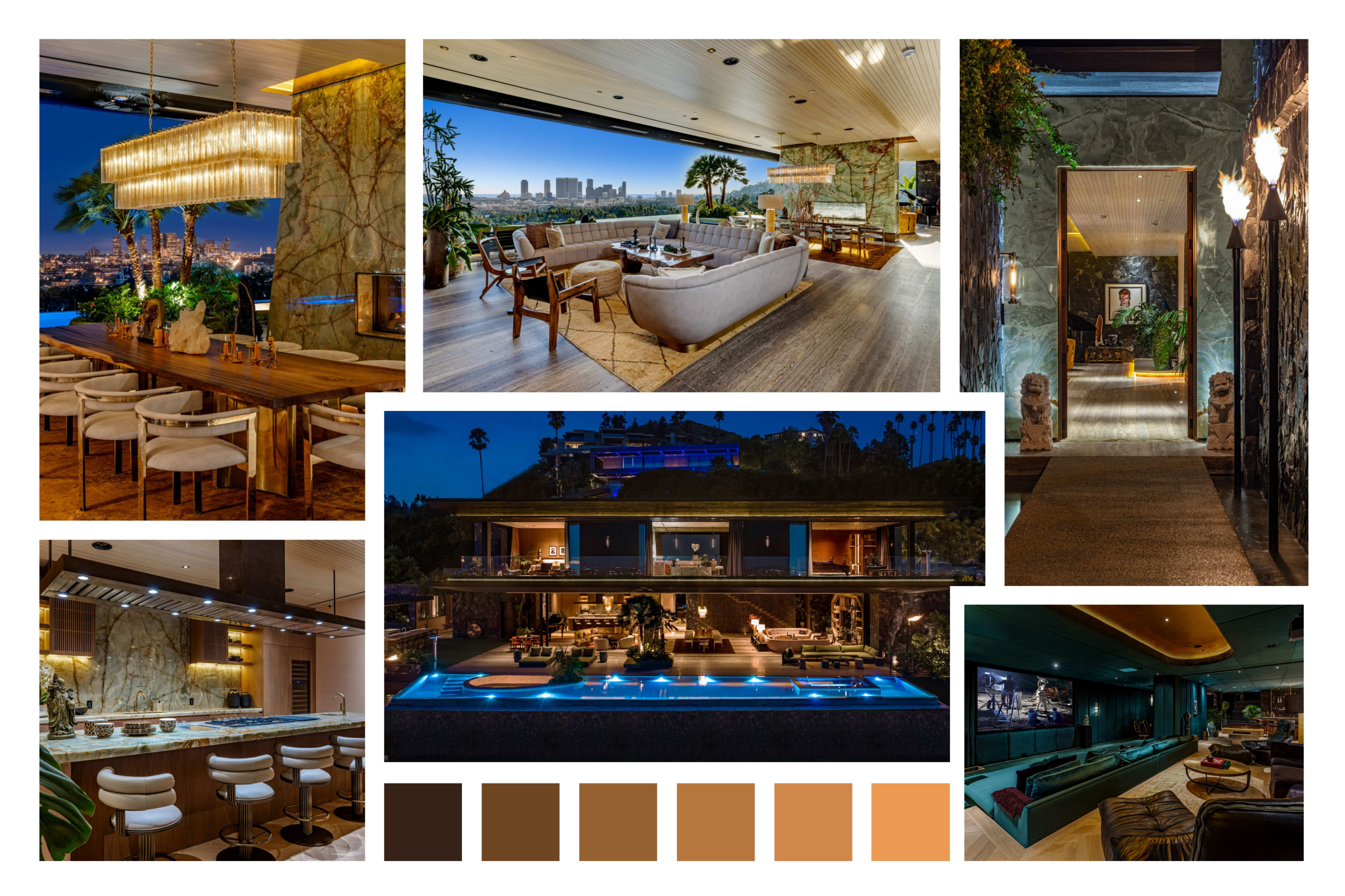 The image showcases a luxurious modern home with spacious living areas, a well-designed kitchen, and impressive outdoor spaces that overlook a city skyline.