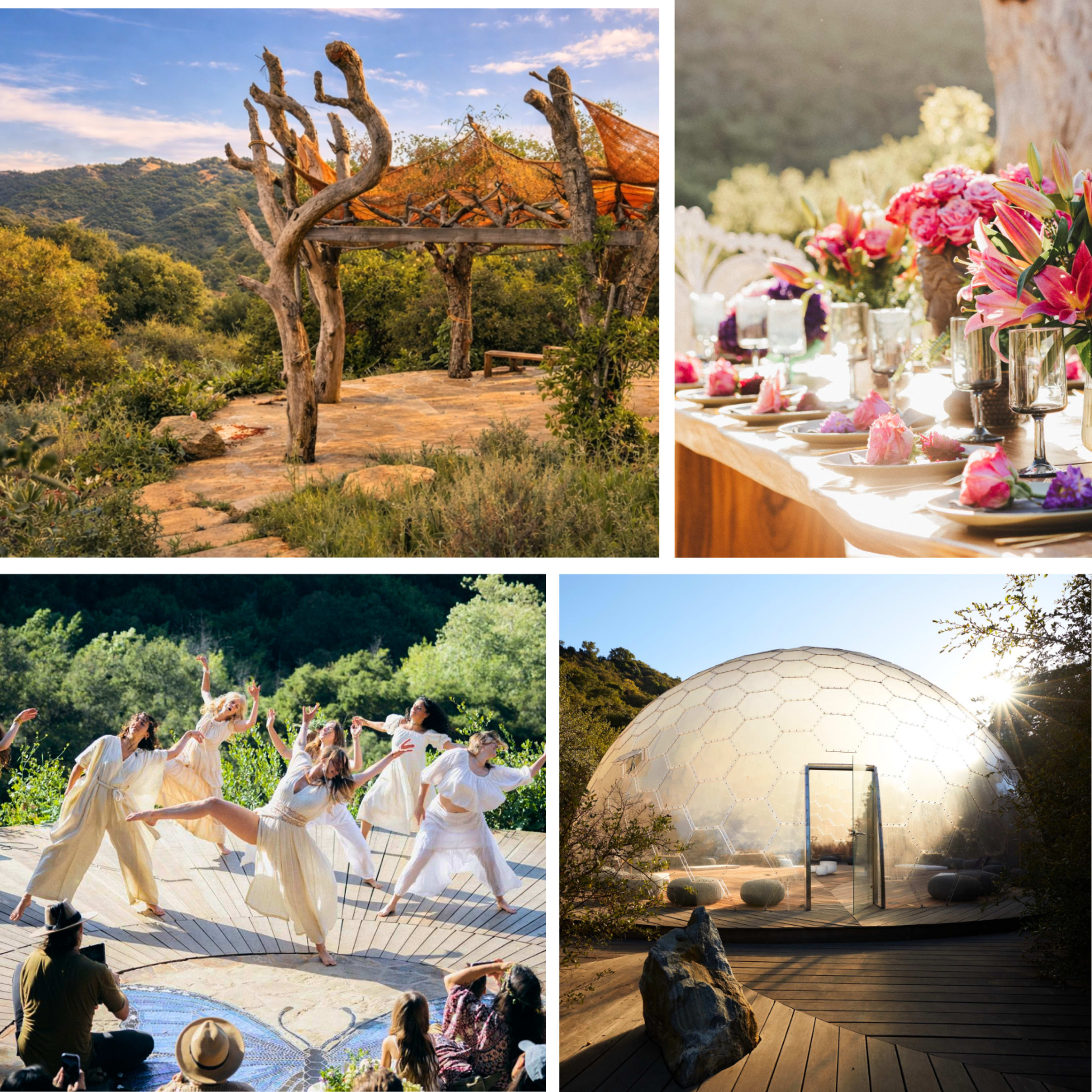 The image showcases a natural setting featuring an outdoor event space with a rustic canopy, a floral dining arrangement, dancers performing in a serene environment, and a geodesic dome structure nestled among greenery.