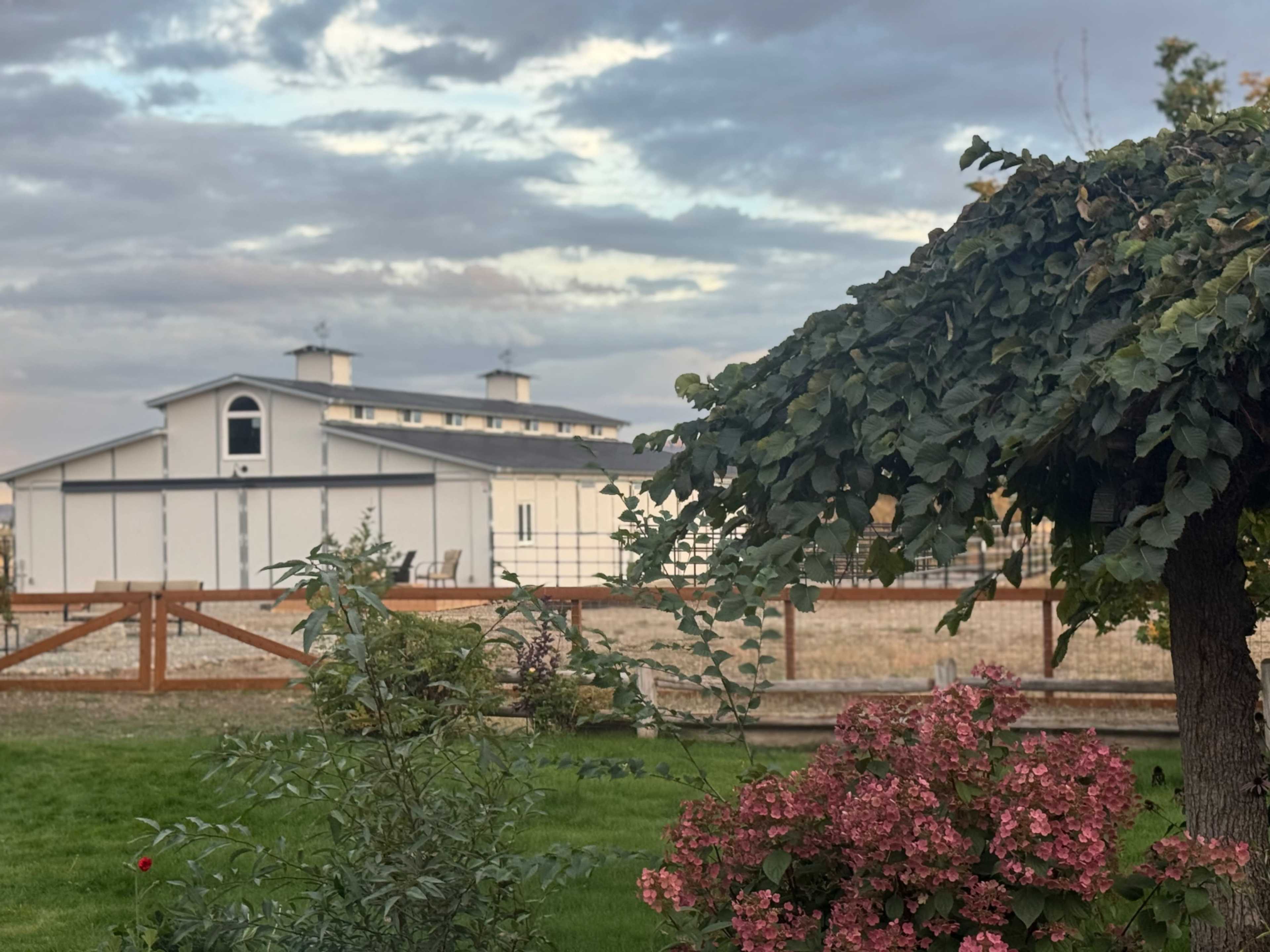 A large building with a white exterior and multiple roof vents is set behind a flowering shrub in a grassy area.