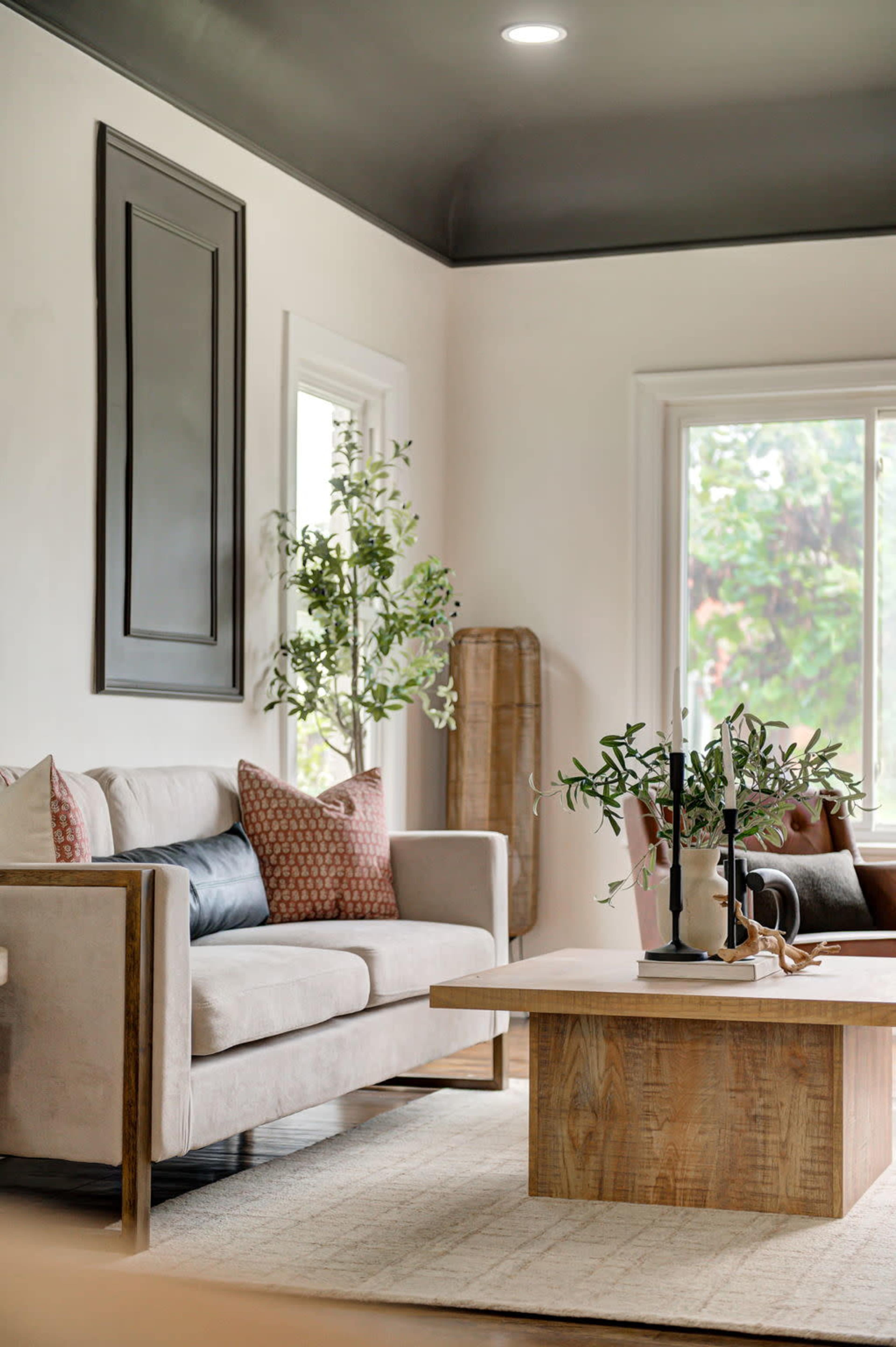 A modern living room features a light-colored sofa with decorative pillows, a wooden coffee table, and plants near large windows.