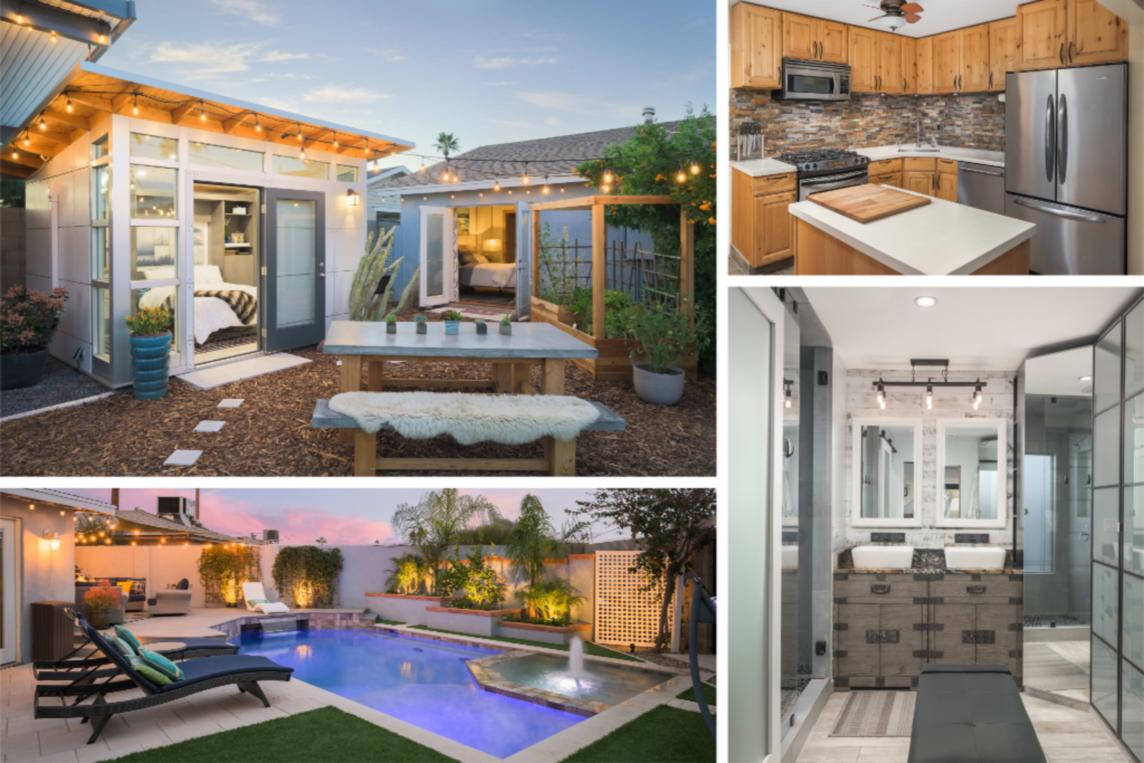 The image shows a collage of a modern home exterior with a patio and garden, a contemporary kitchen with wooden cabinets, a stylish bathroom, and a pool area with lounge chairs.