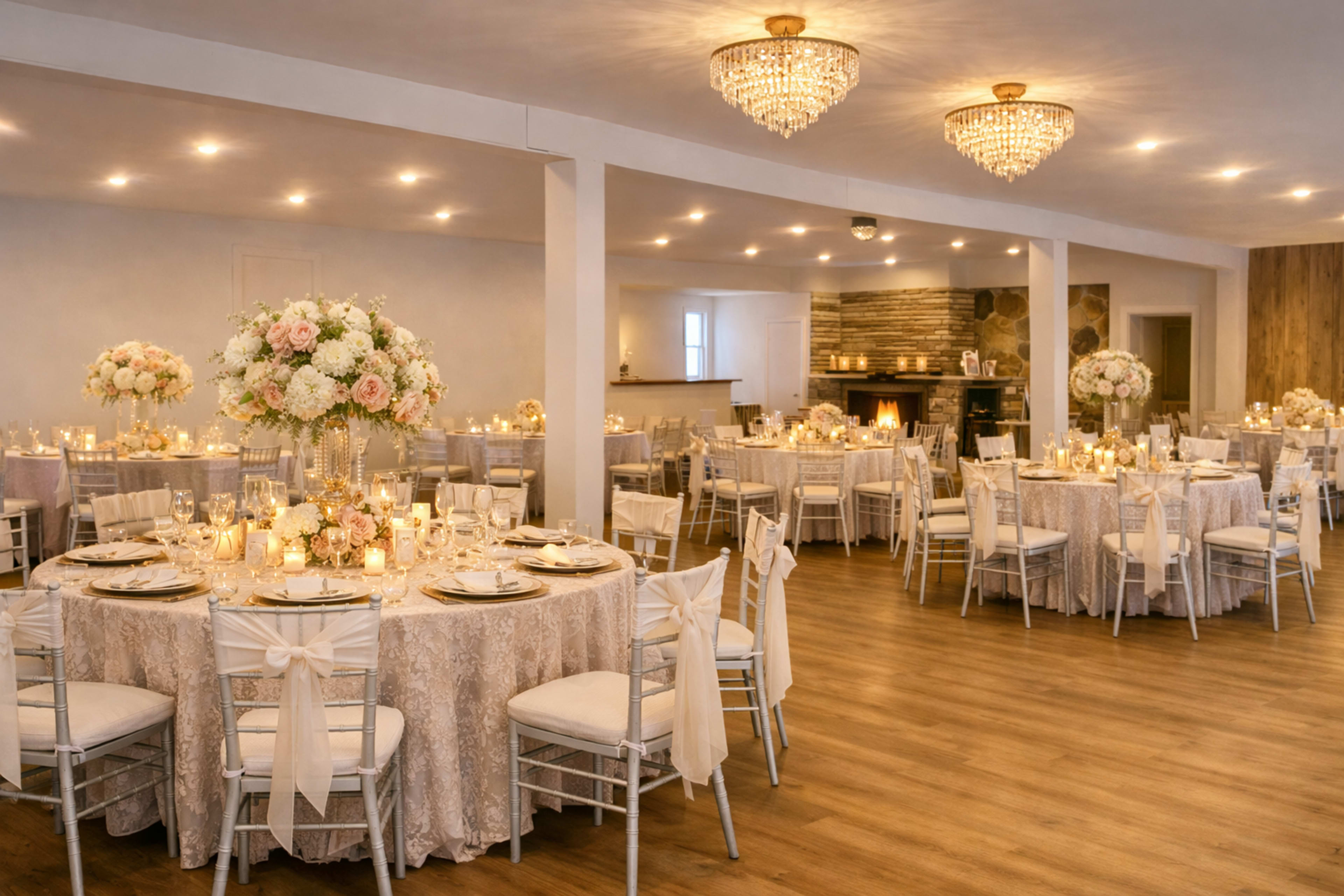 The image shows a banquet hall decorated with floral centerpieces, elegantly set tables, and chandeliers illuminating the space.