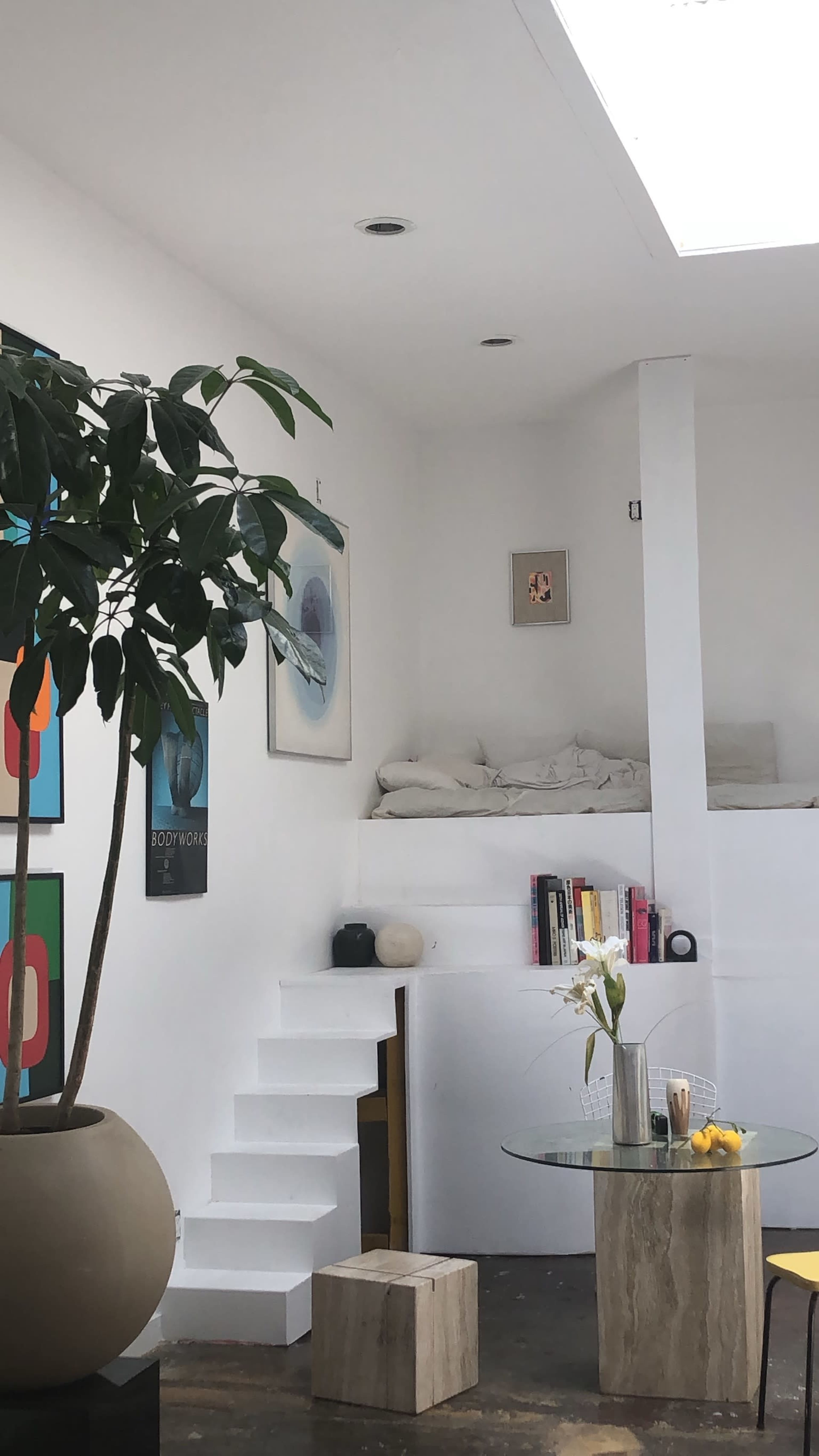 A modern, minimalist interior featuring a staircase leading to a lofted area with a bed, a round glass table with a vase of flowers, and a potted plant in an oversized planter.