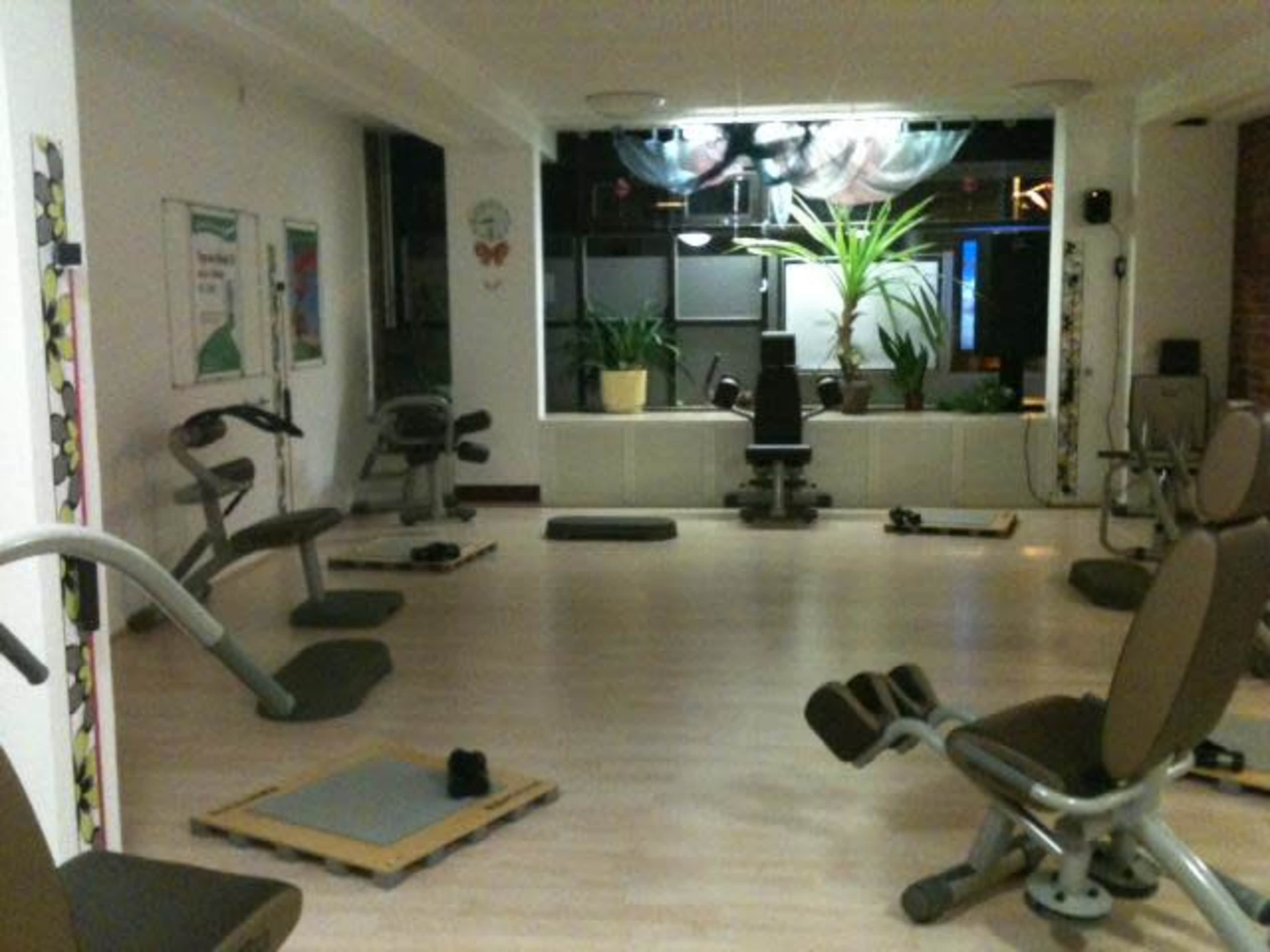 The image shows a fitness studio with various workout equipment arranged around a spacious, well-lit area, featuring plants and large windows.