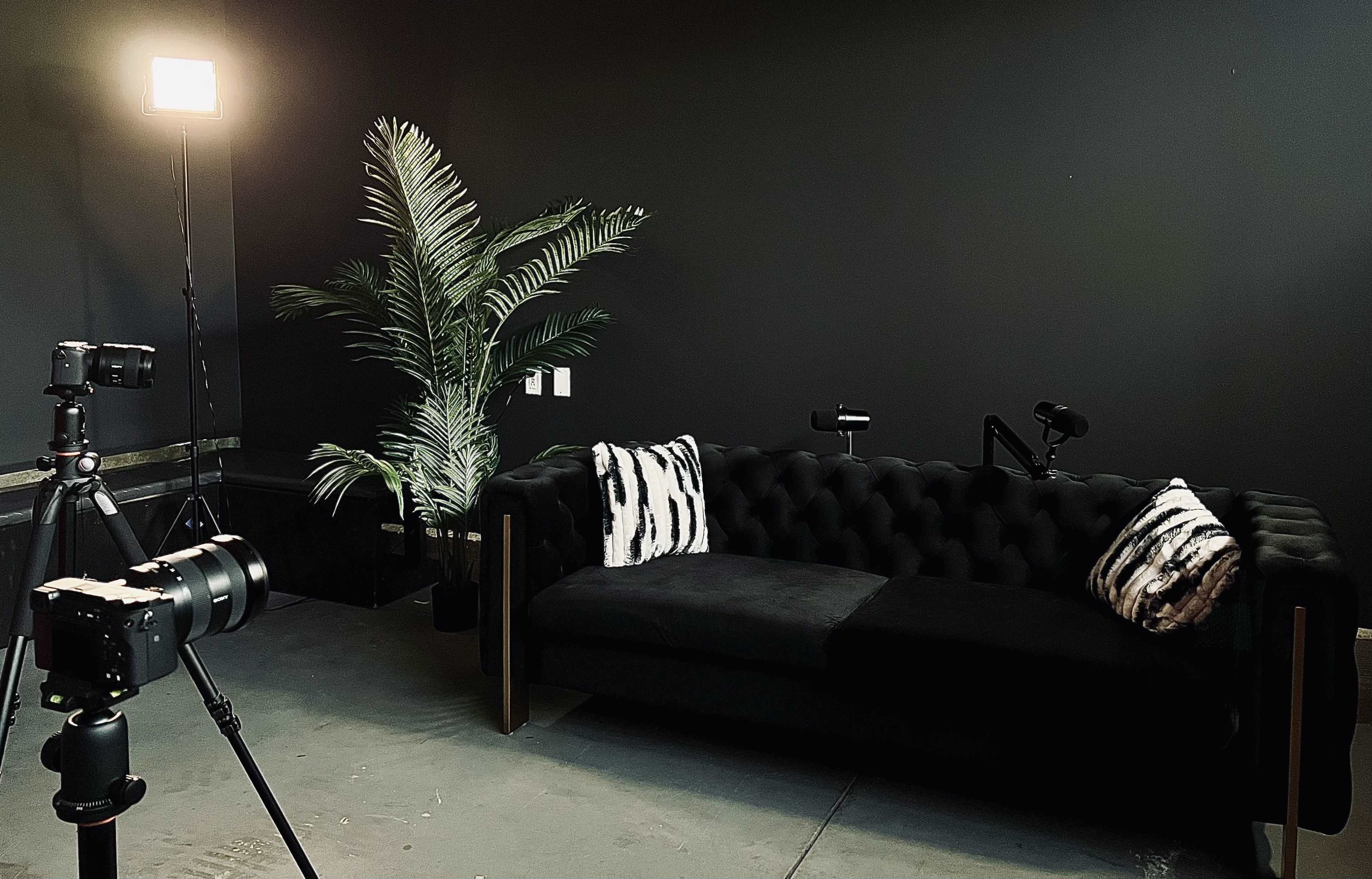 A black tufted sofa with decorative pillows is positioned against a dark wall, accompanied by a floor lamp and a potted plant, while cameras are set up on tripods facing the seating area.