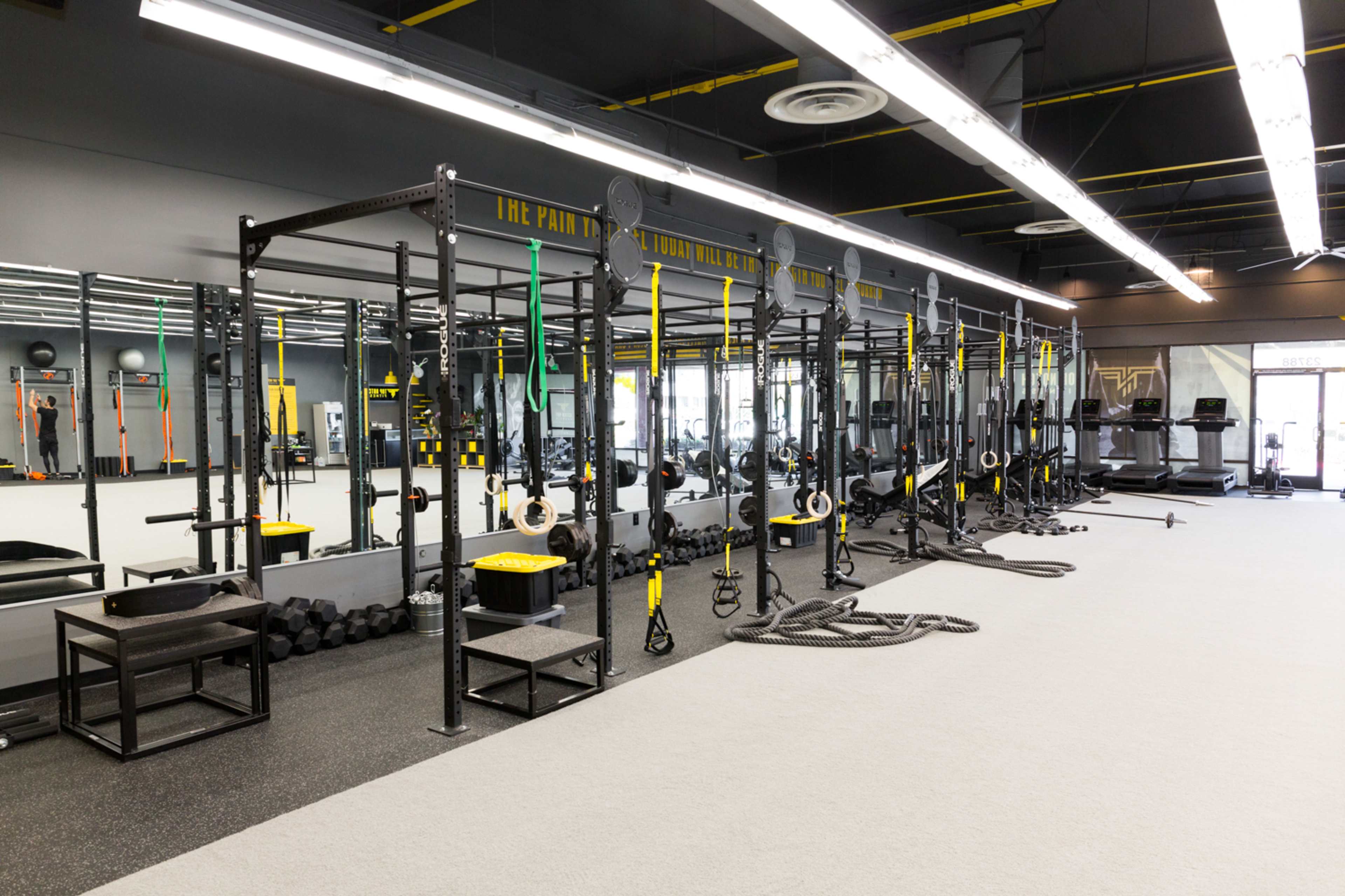 A modern gym interior equipped with various exercise machines, weightlifting stations, and fitness accessories.