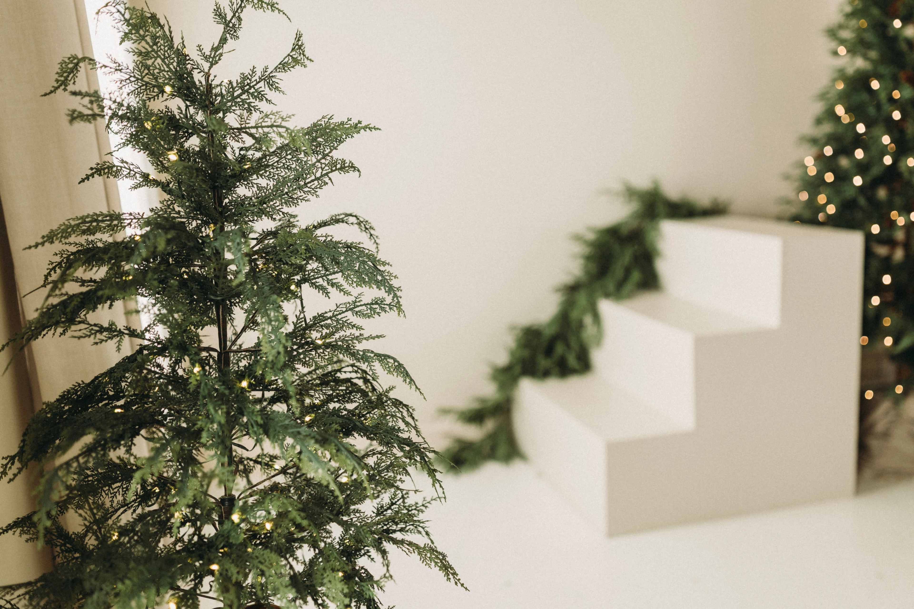The image shows a minimalistic indoor setting featuring two decorated Christmas trees and a set of white stairs partially obscured by greenery.