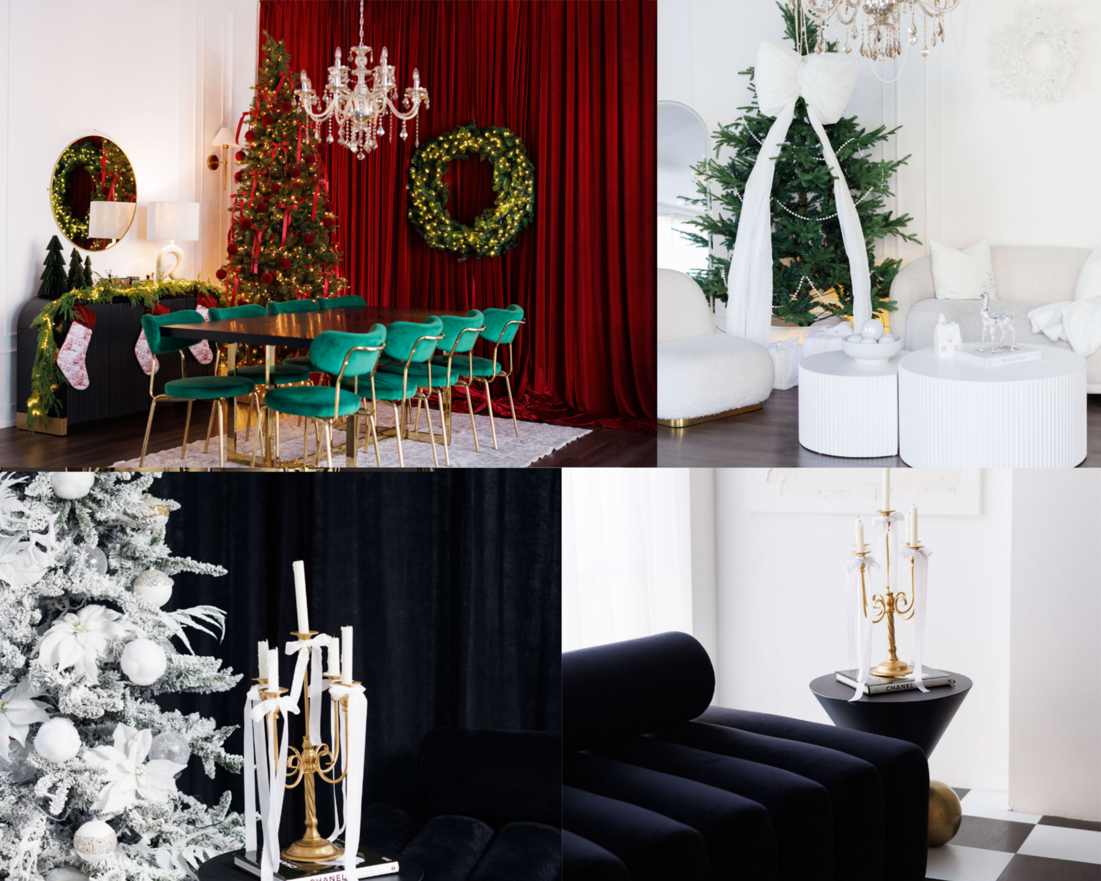 The image features four distinct holiday-themed interior scenes, including a dining area with a Christmas tree, a cozy lounge with decorative elements, a snow-covered tree, and a stylish black seating area with a gold candle holder.