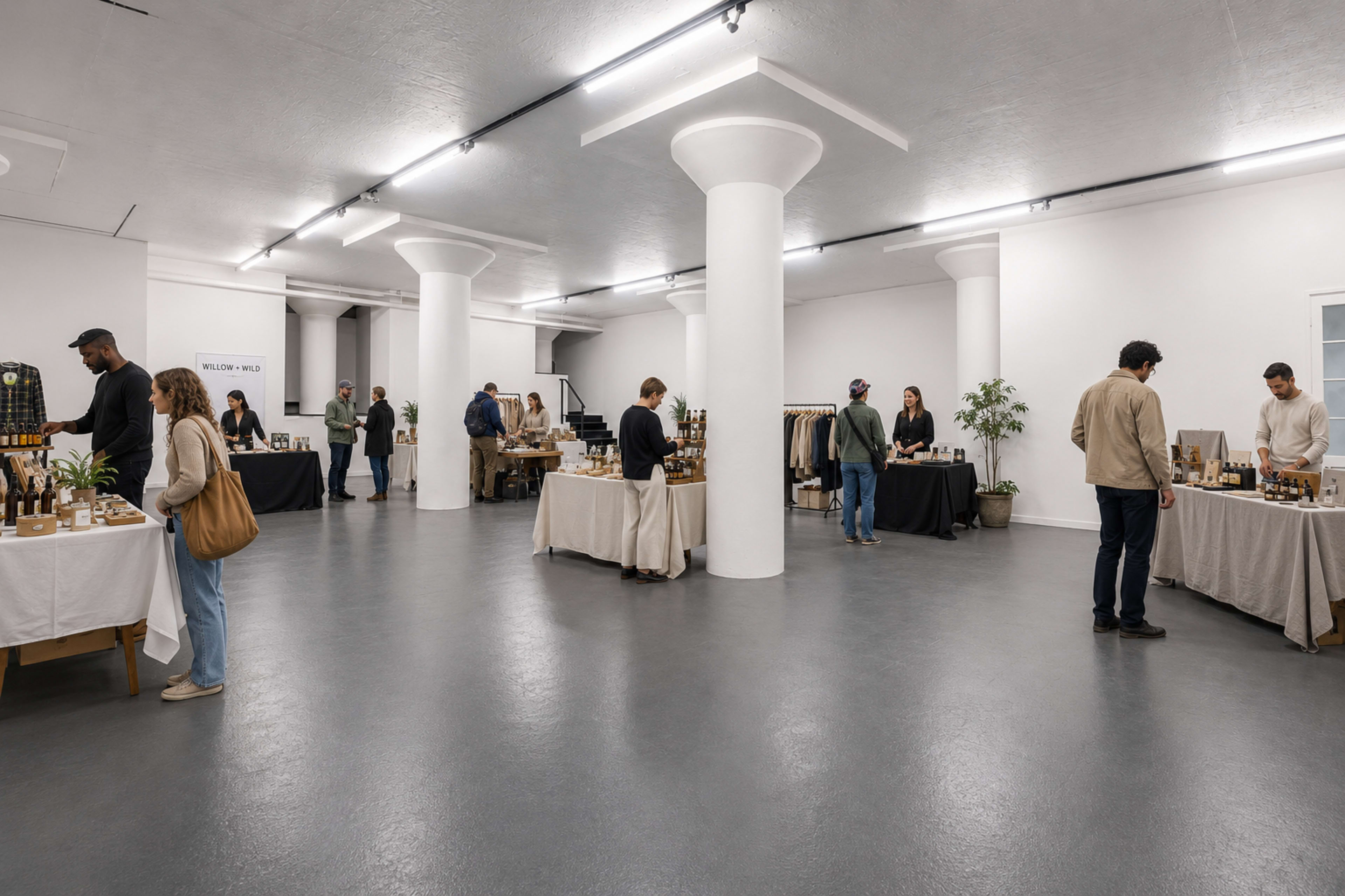 A spacious indoor market features several tables displaying various products, with visitors browsing and interacting in a minimalist, well-lit setting.