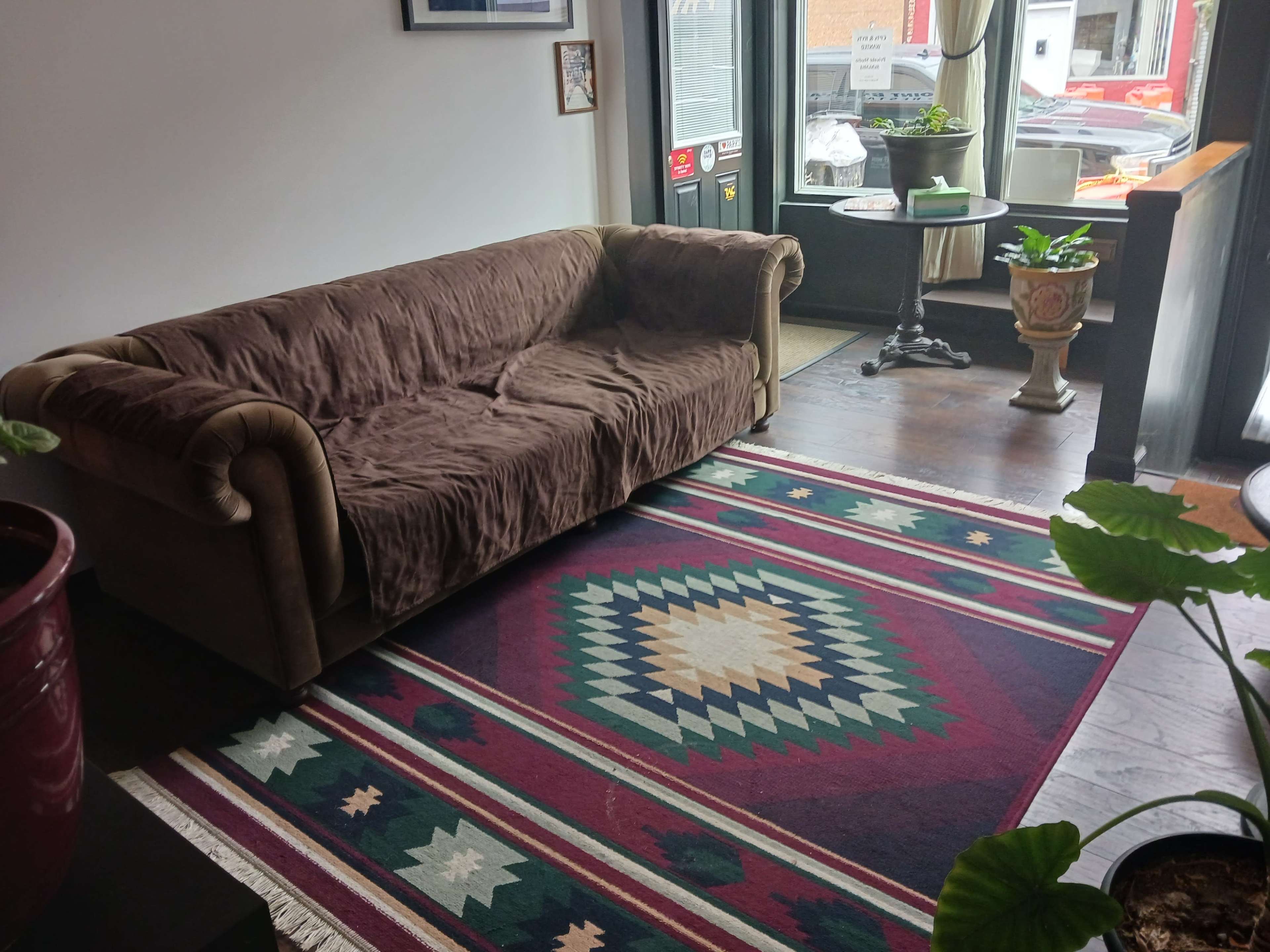 The image shows a brown couch positioned on a patterned rug with a geometric design, located in a room near a doorway with potted plants and a view of the street outside.