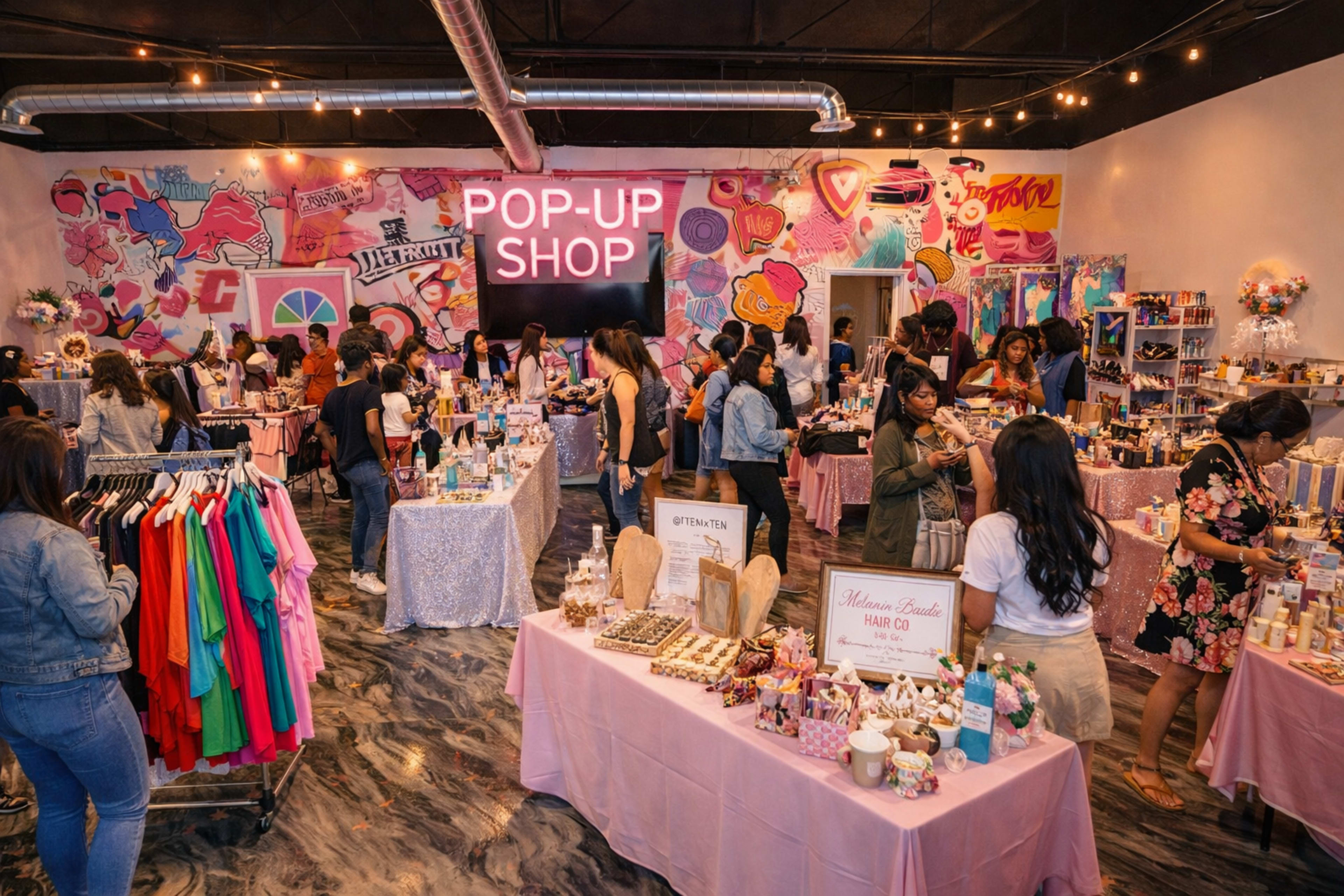 The image shows a vibrant pop-up shop filled with shoppers browsing various merchandise and enjoying the colorful decor.