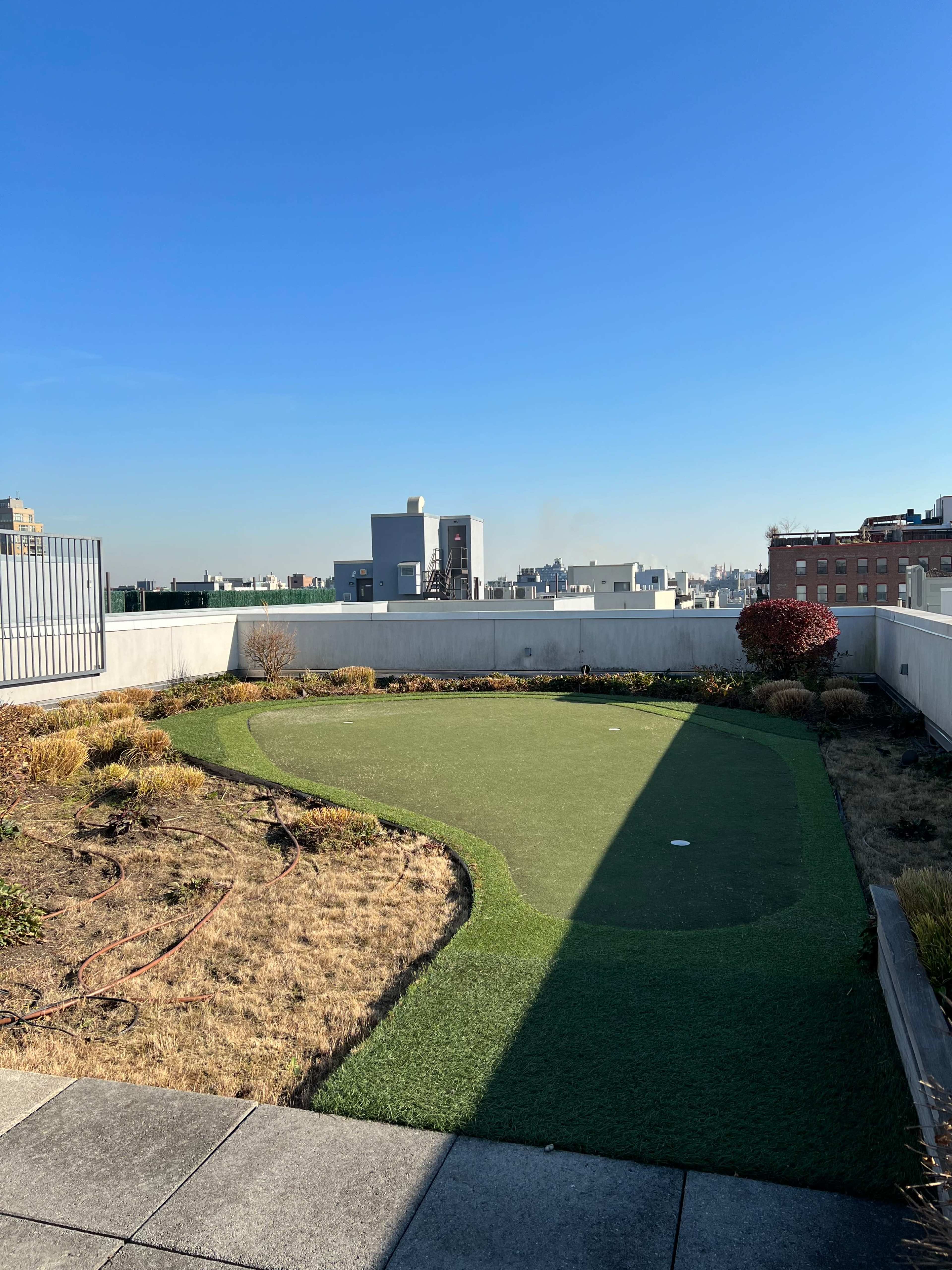 A rooftop area with a small artificial grass putting green surrounded by bare soil and buildings in the background under a clear blue sky.