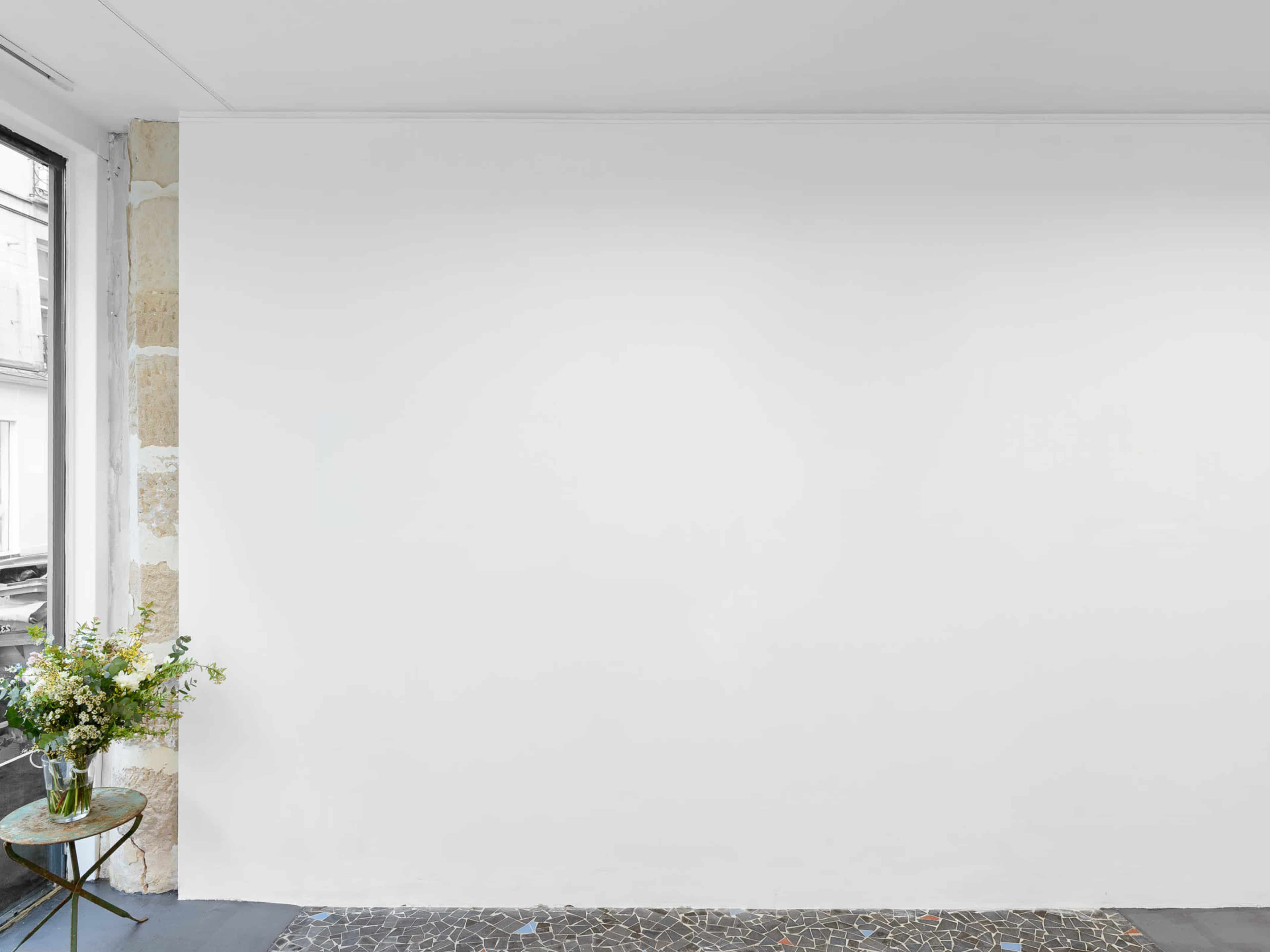 The image shows a minimalist interior space with a blank white wall, a small table with flowers, and a stone floor.