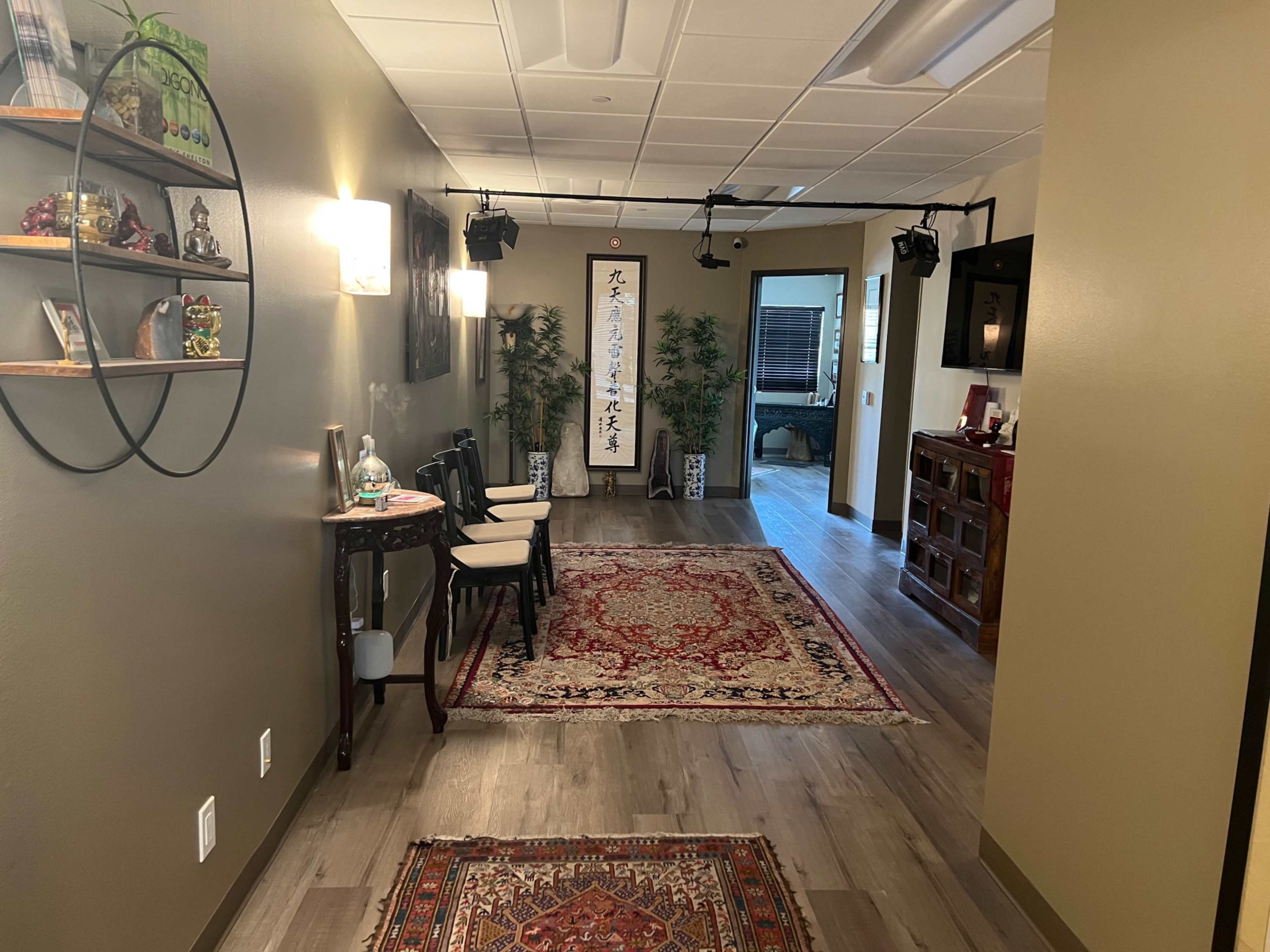 The image shows a hallway with chairs, decorative shelves, plants, and an area rug, leading to a room with a framed wall hanging.